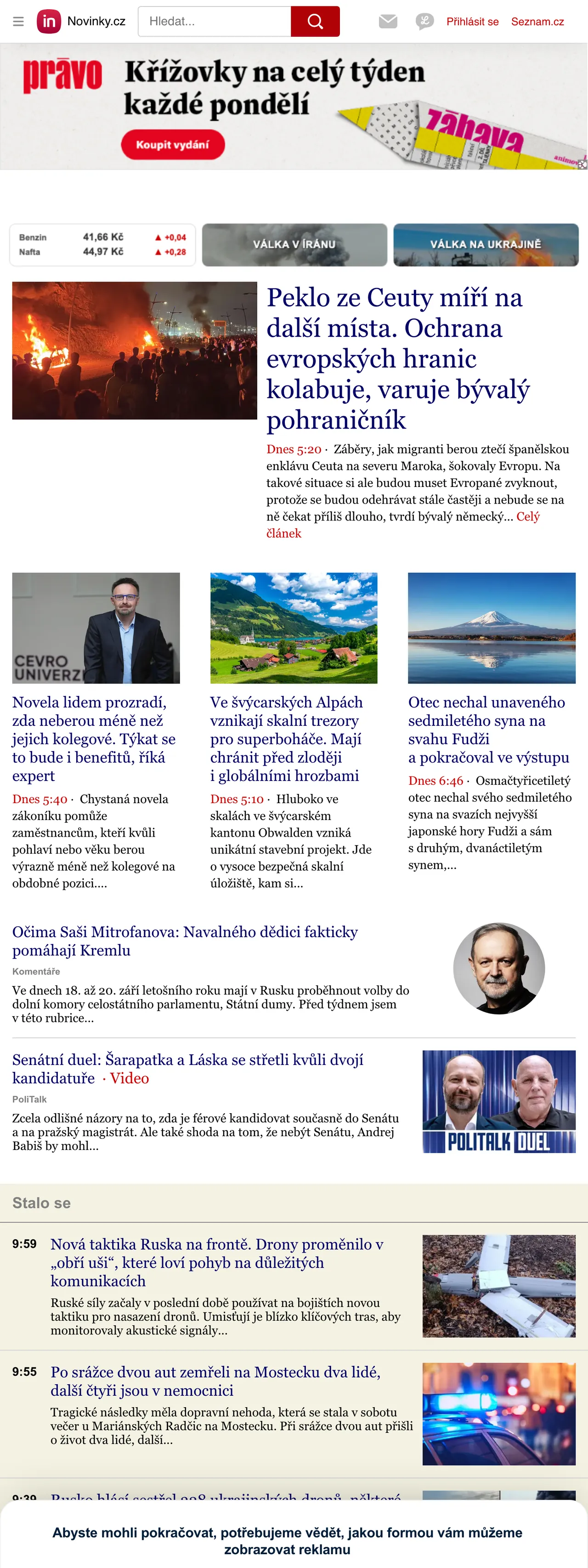 Screenshot of the Novinky.cz front page