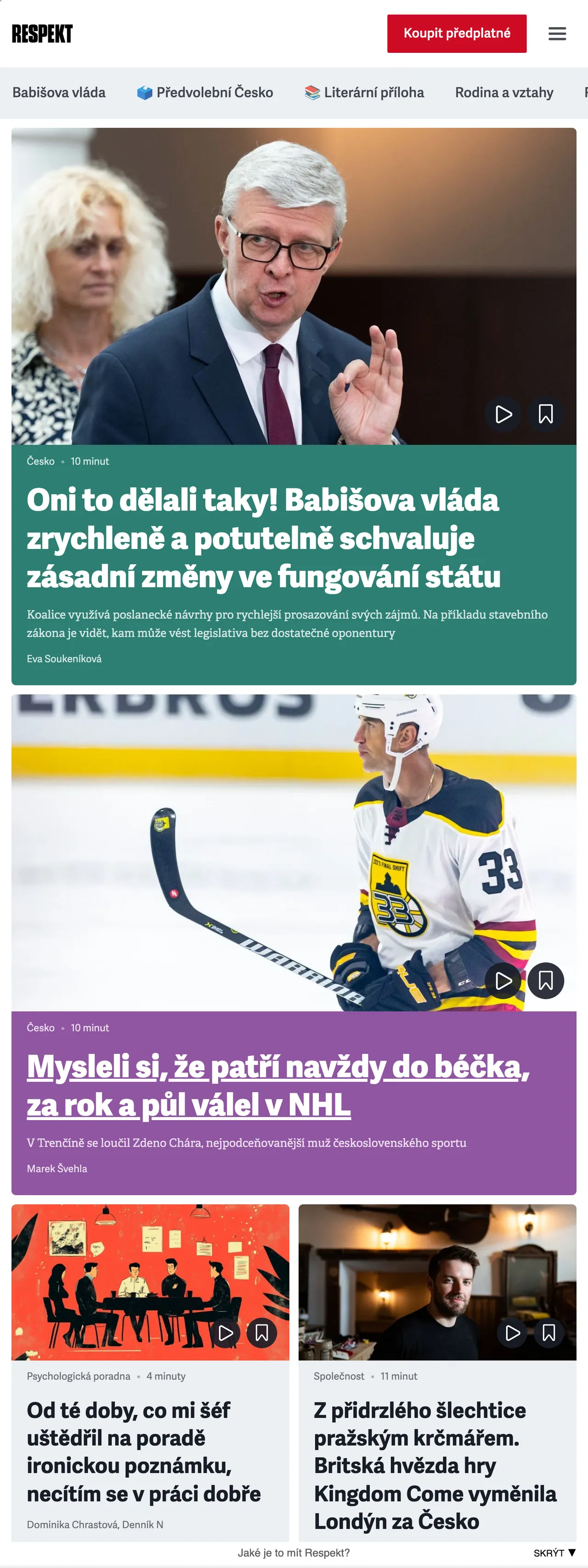 Screenshot of the Respekt front page