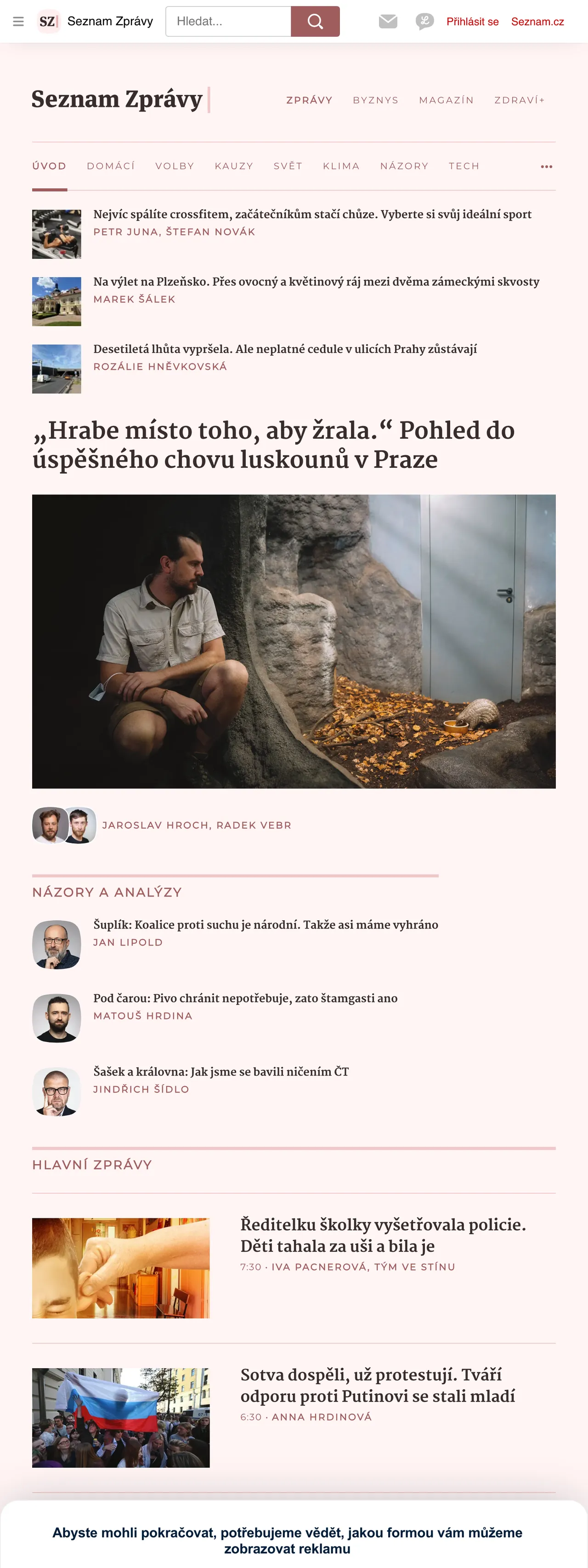 Screenshot of the Seznam Zprávy front page