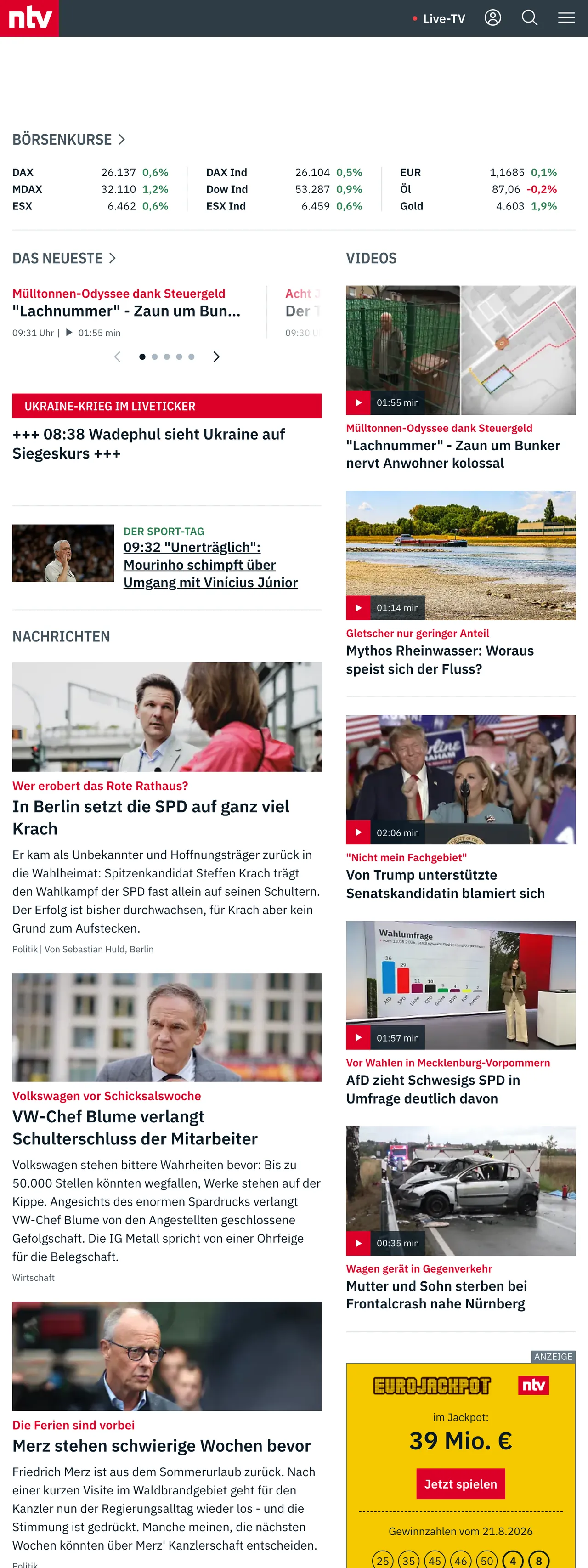 Screenshot of the n-tv front page