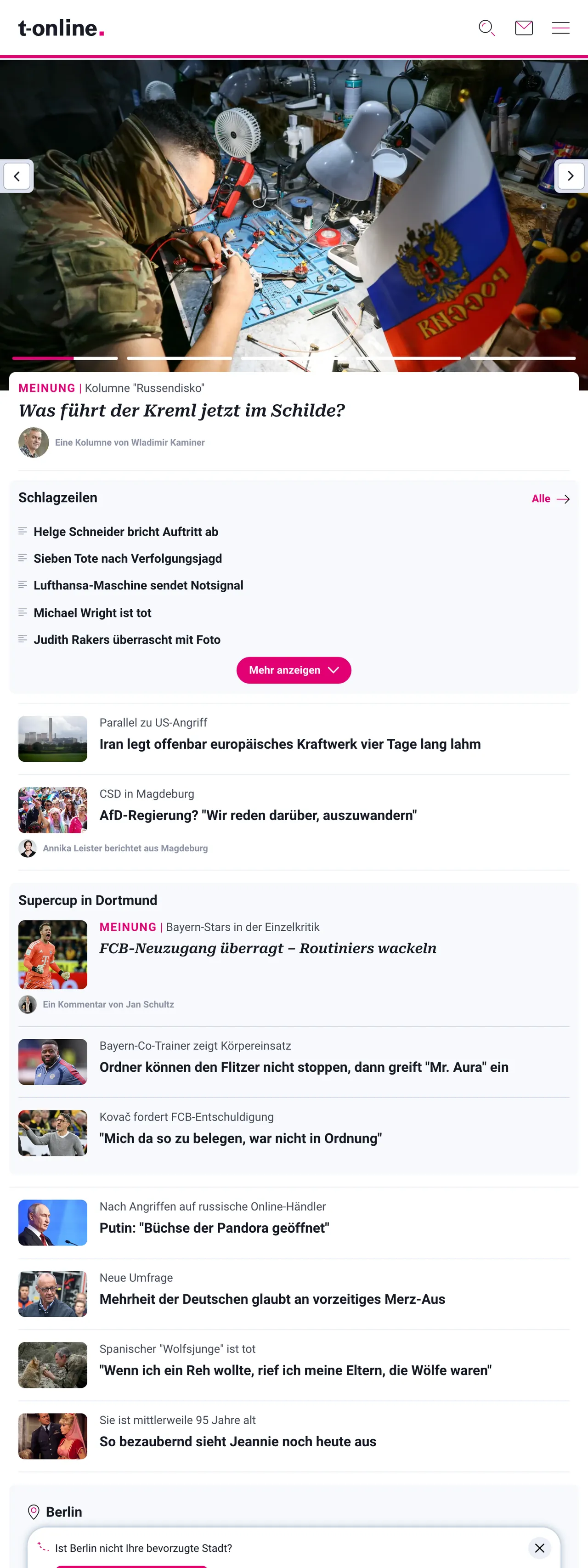 Screenshot of the t-online front page
