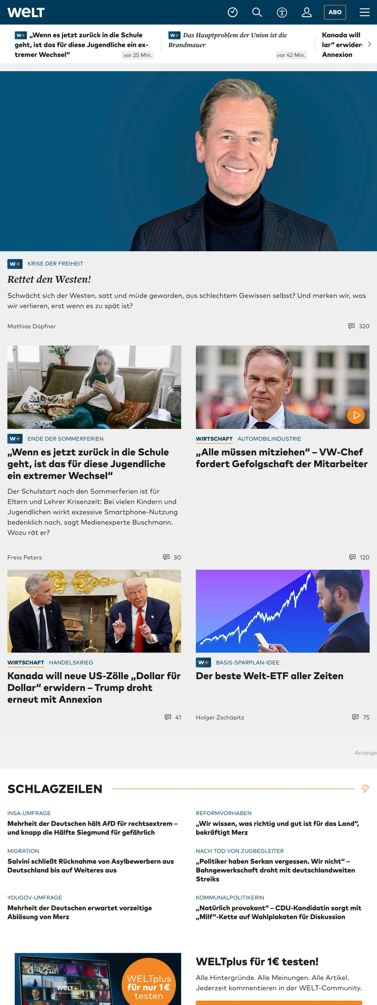 Screenshot of the WELT front page