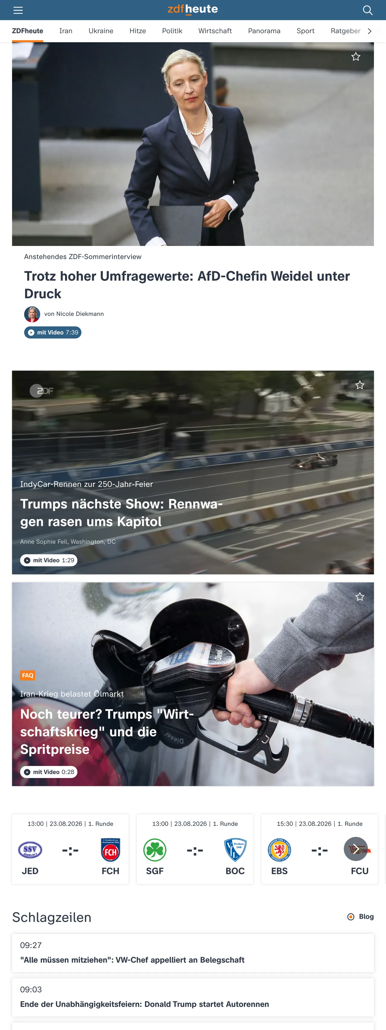 Screenshot of the ZDFheute front page