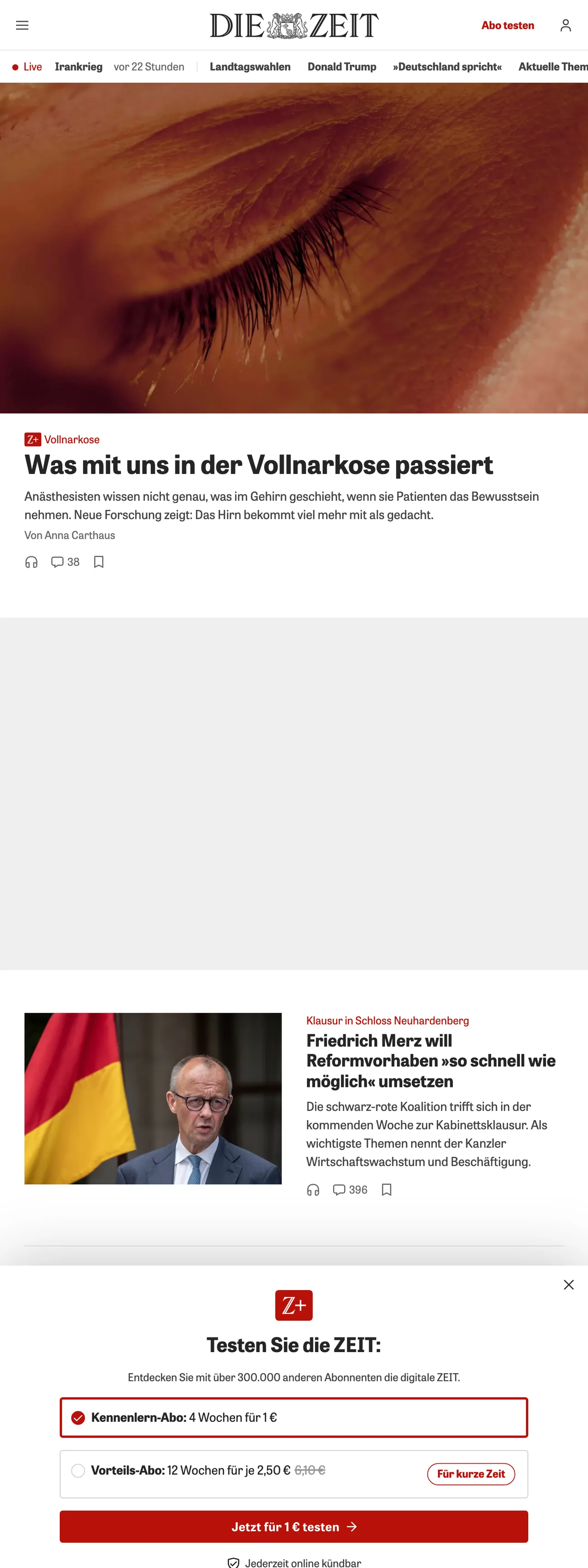 Screenshot of the ZEIT ONLINE front page