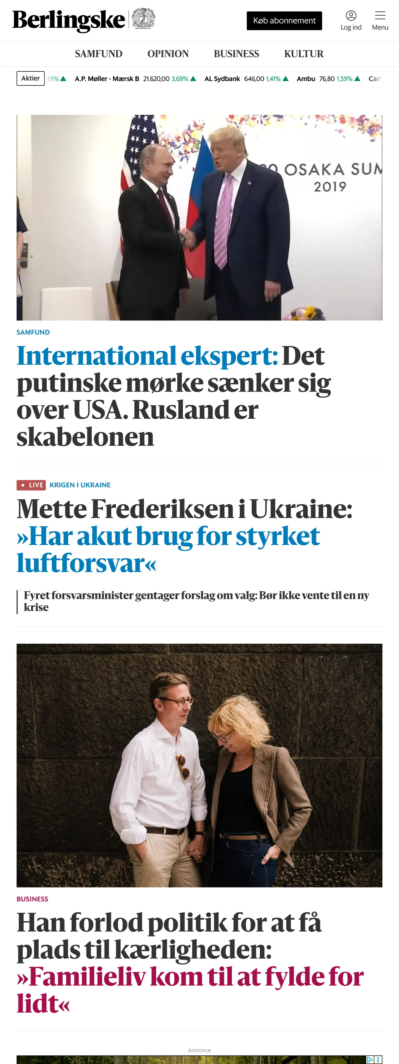 Screenshot of the Berlingske front page