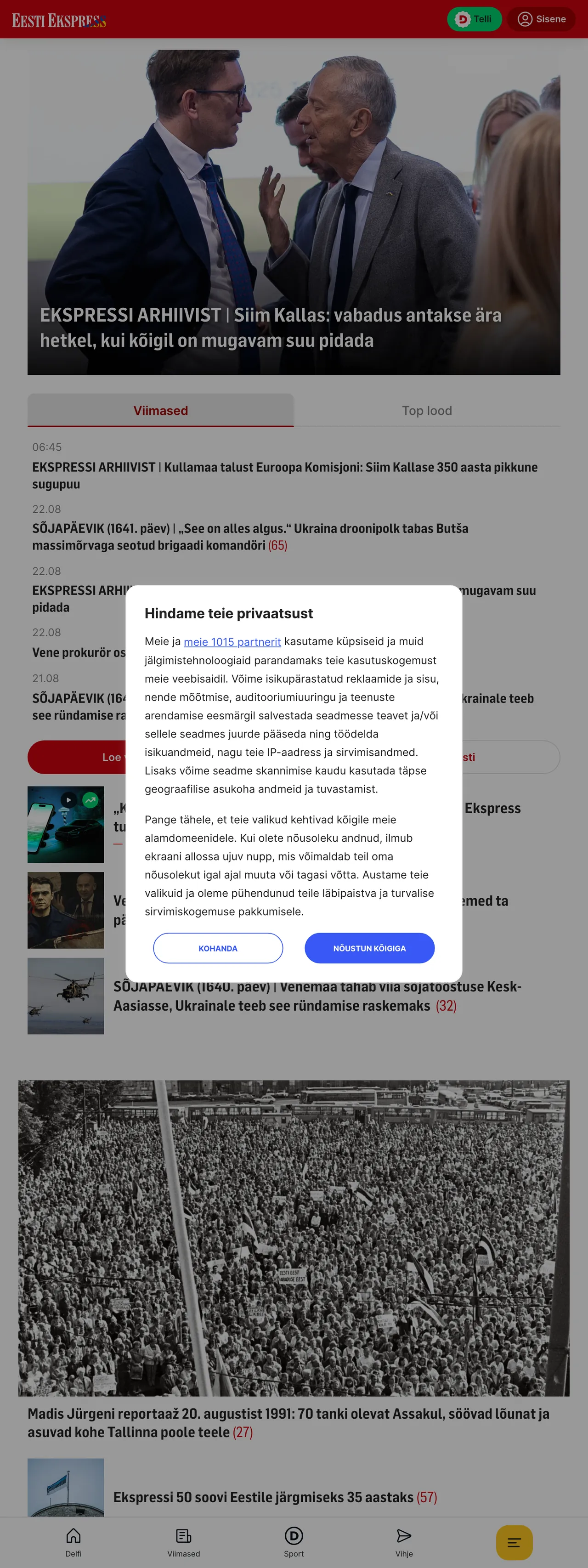 Screenshot of the Eesti Ekspress front page