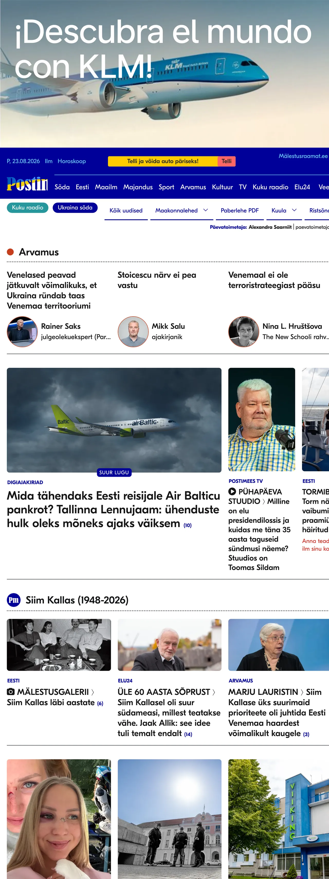 Screenshot of the Postimees front page