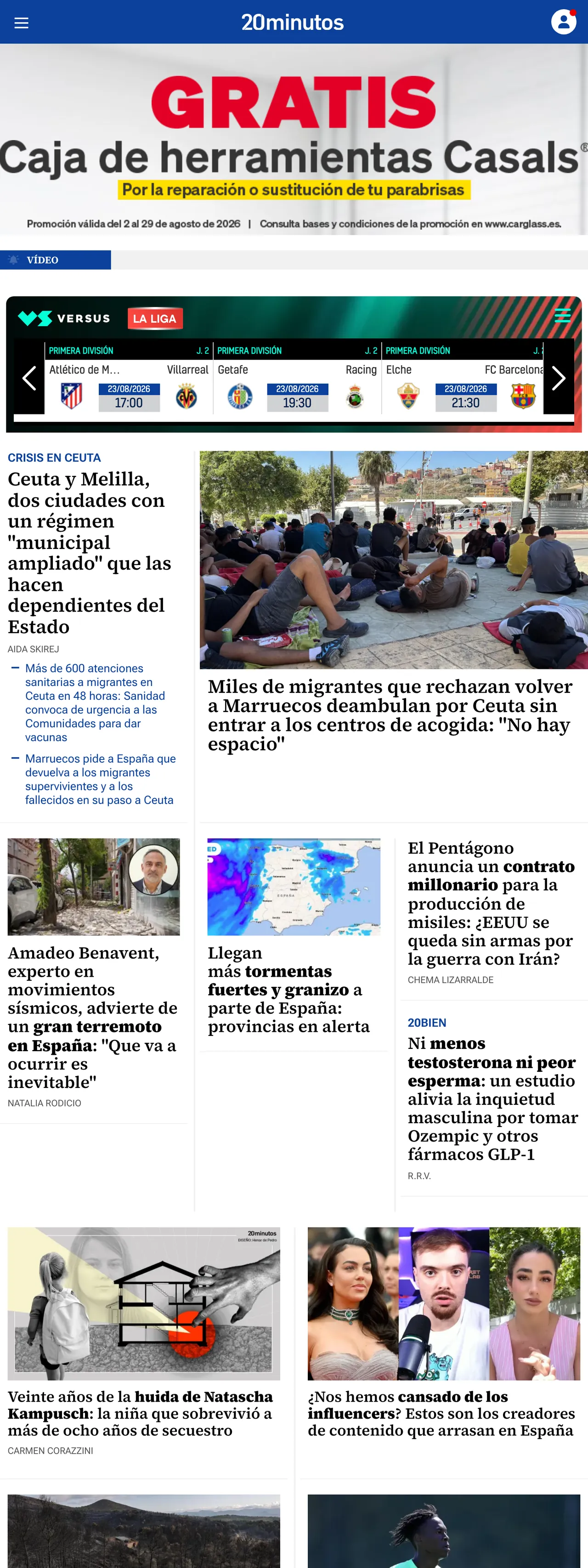 Screenshot of the 20minutos front page