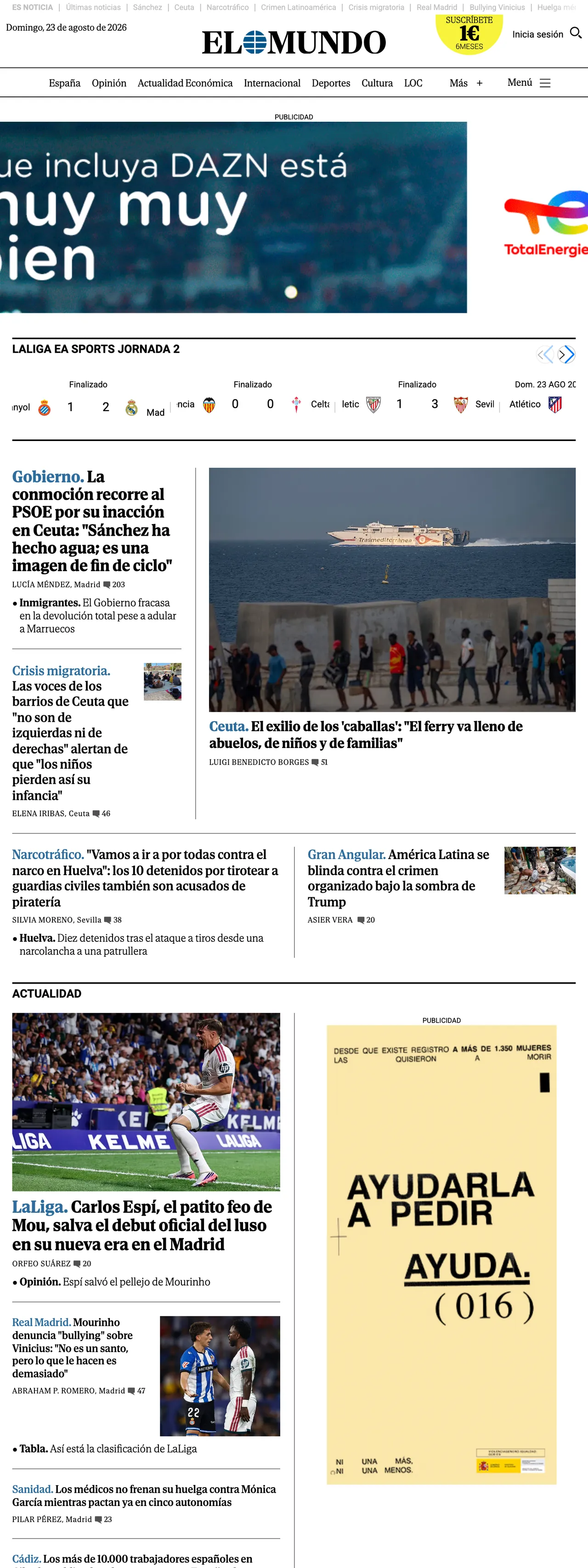 Screenshot of the El Mundo front page