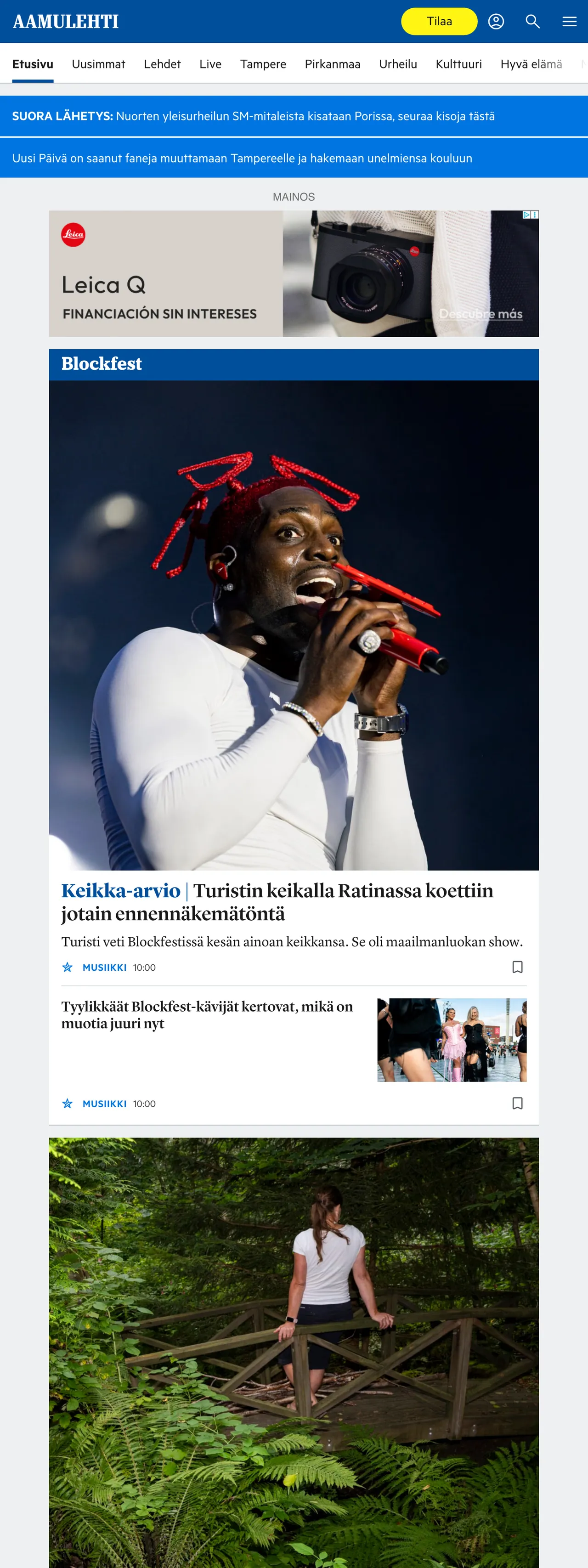 Screenshot of the Aamulehti front page
