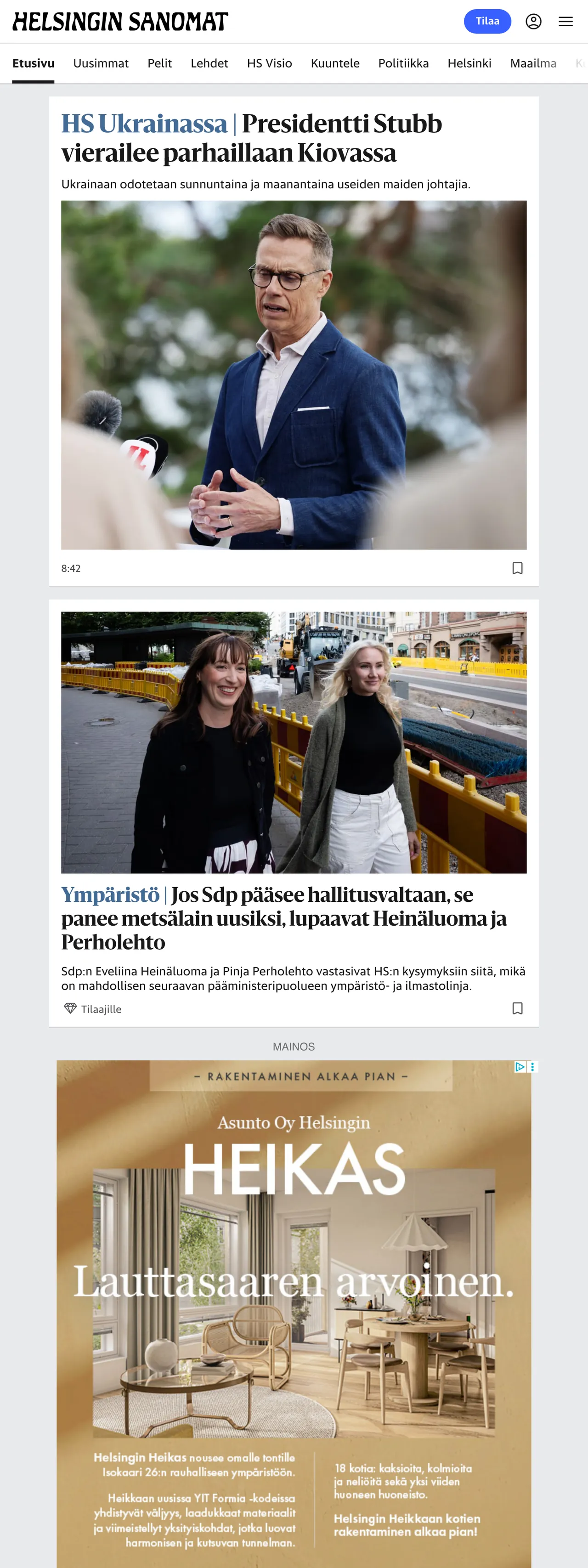 Screenshot of the Helsingin Sanomat front page