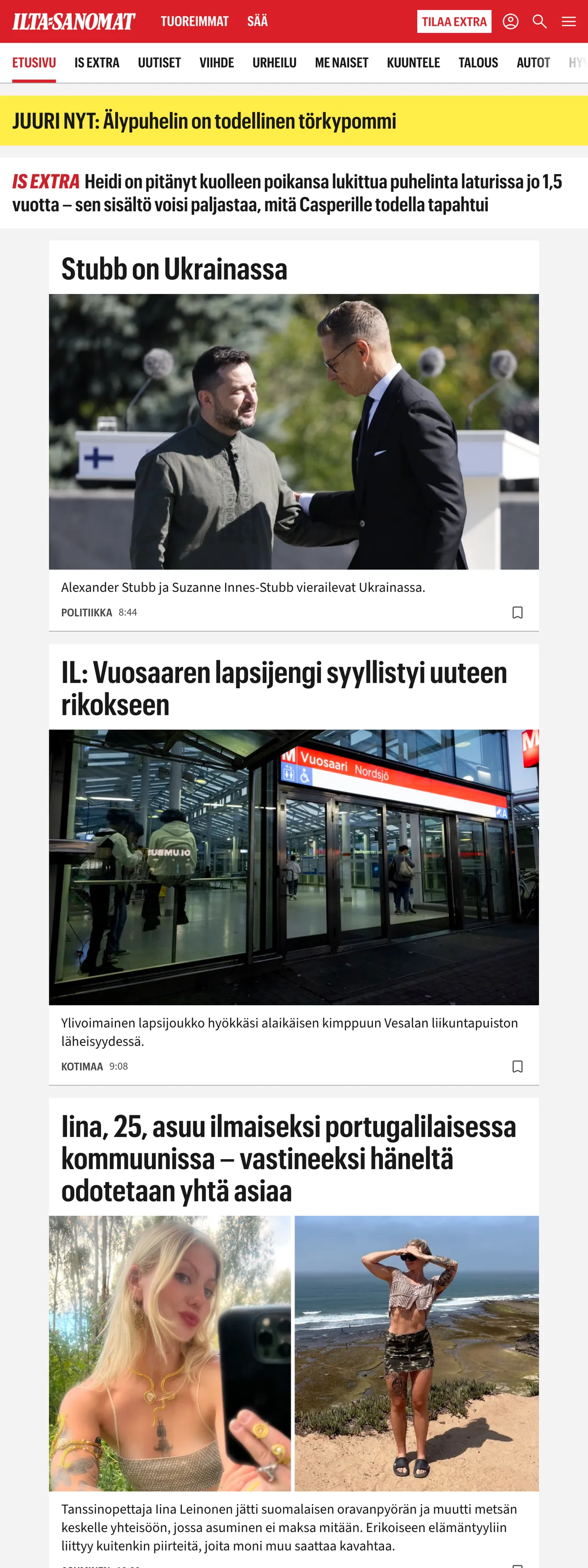Screenshot of the Ilta-Sanomat front page