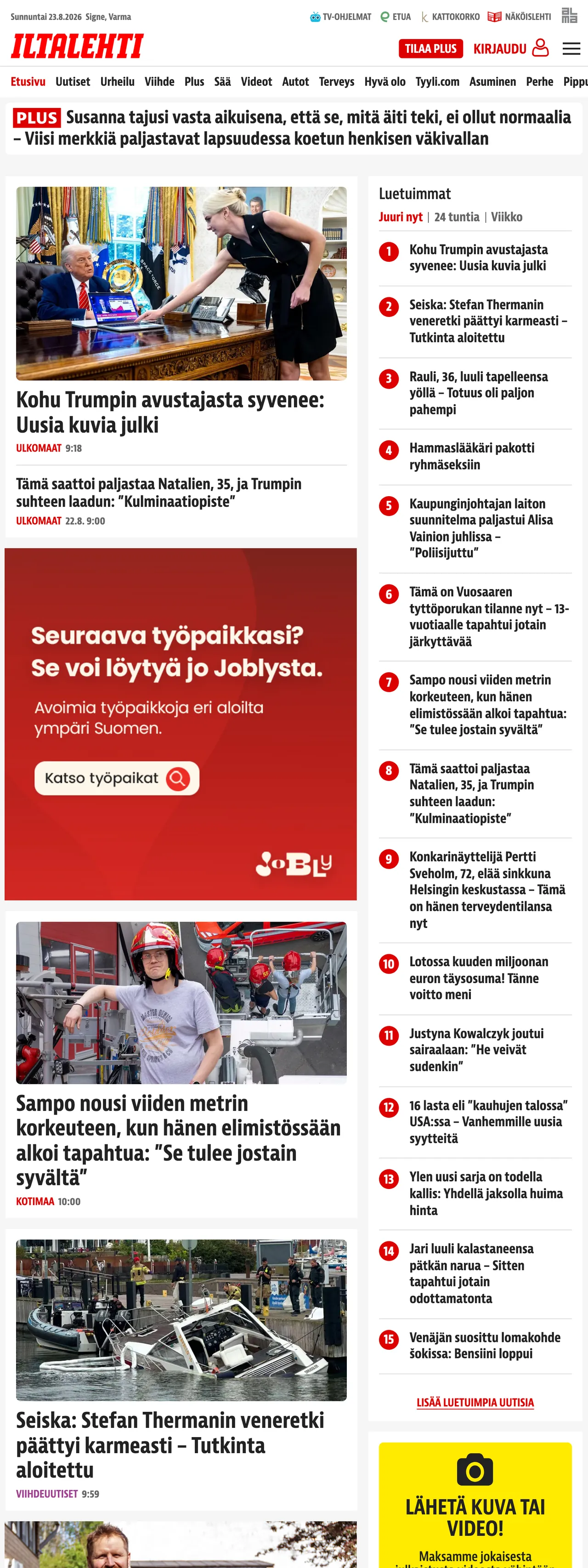 Screenshot of the Iltalehti front page