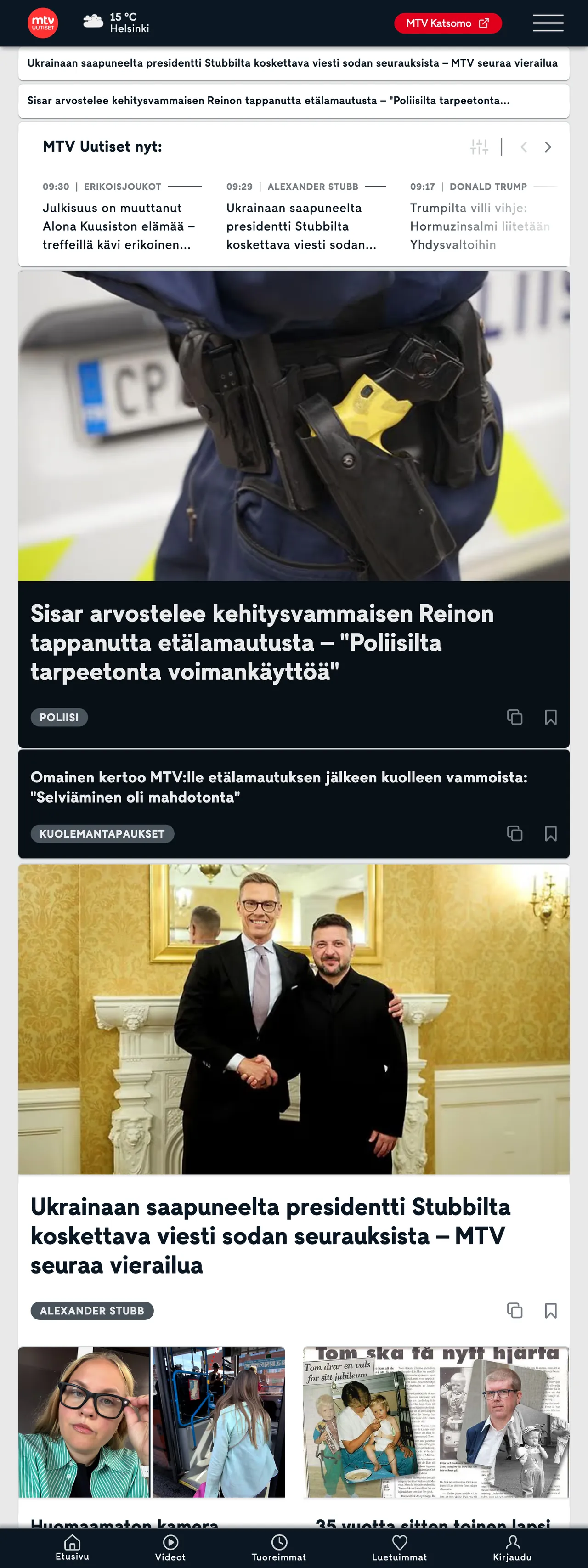 Screenshot of the MTV Uutiset front page