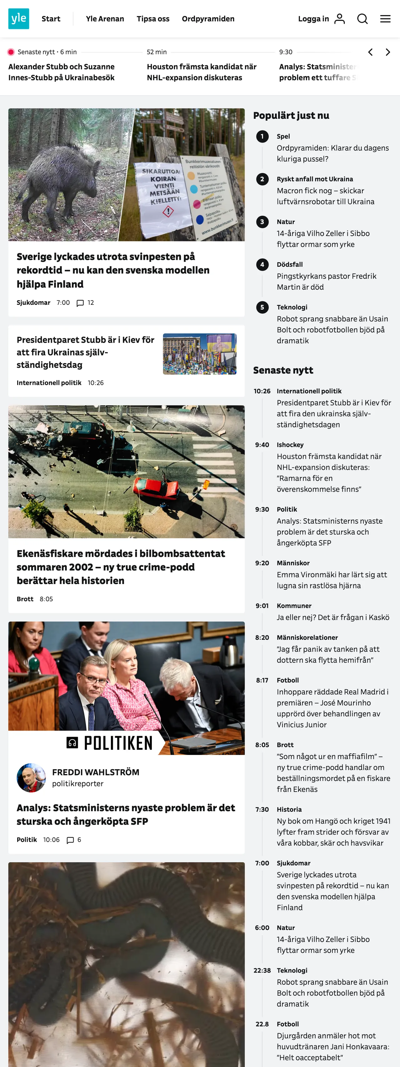 Screenshot of the Svenska Yle front page