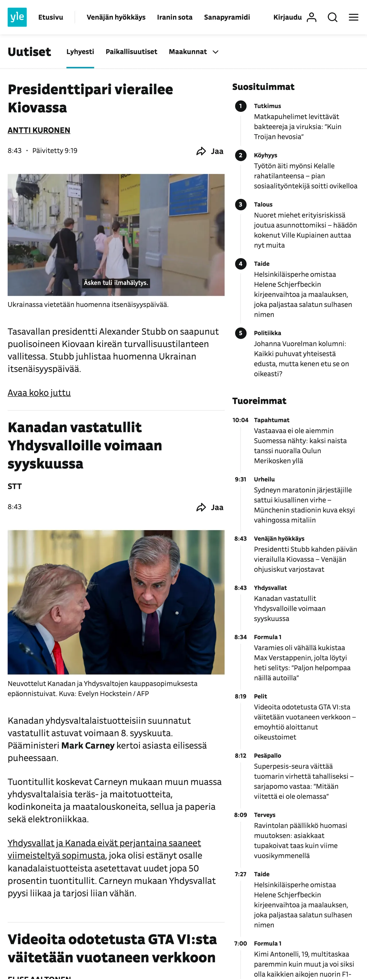 Screenshot of the Yle front page