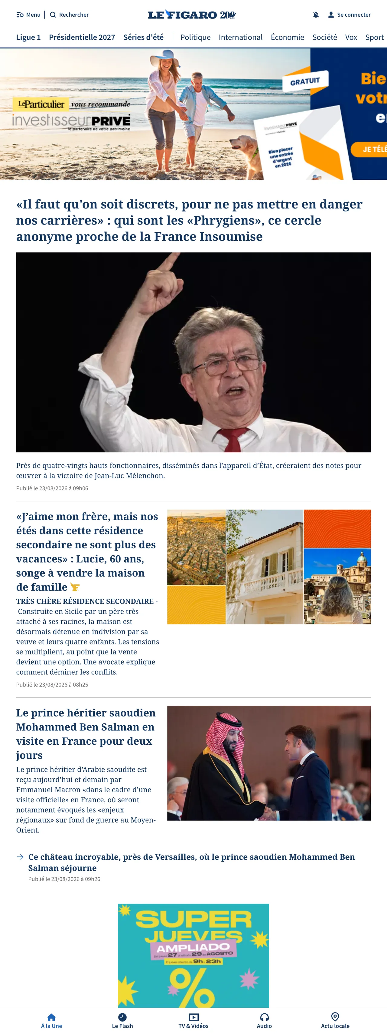 Screenshot of the Le Figaro front page