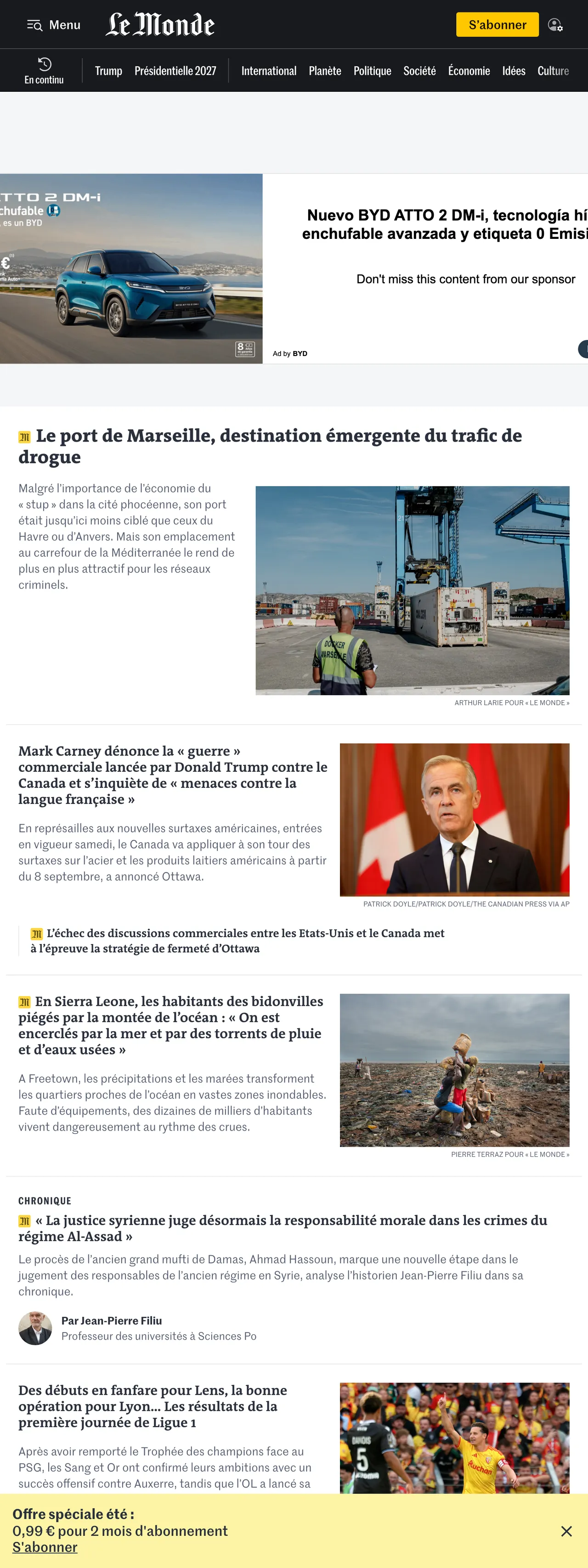 Screenshot of the Le Monde front page