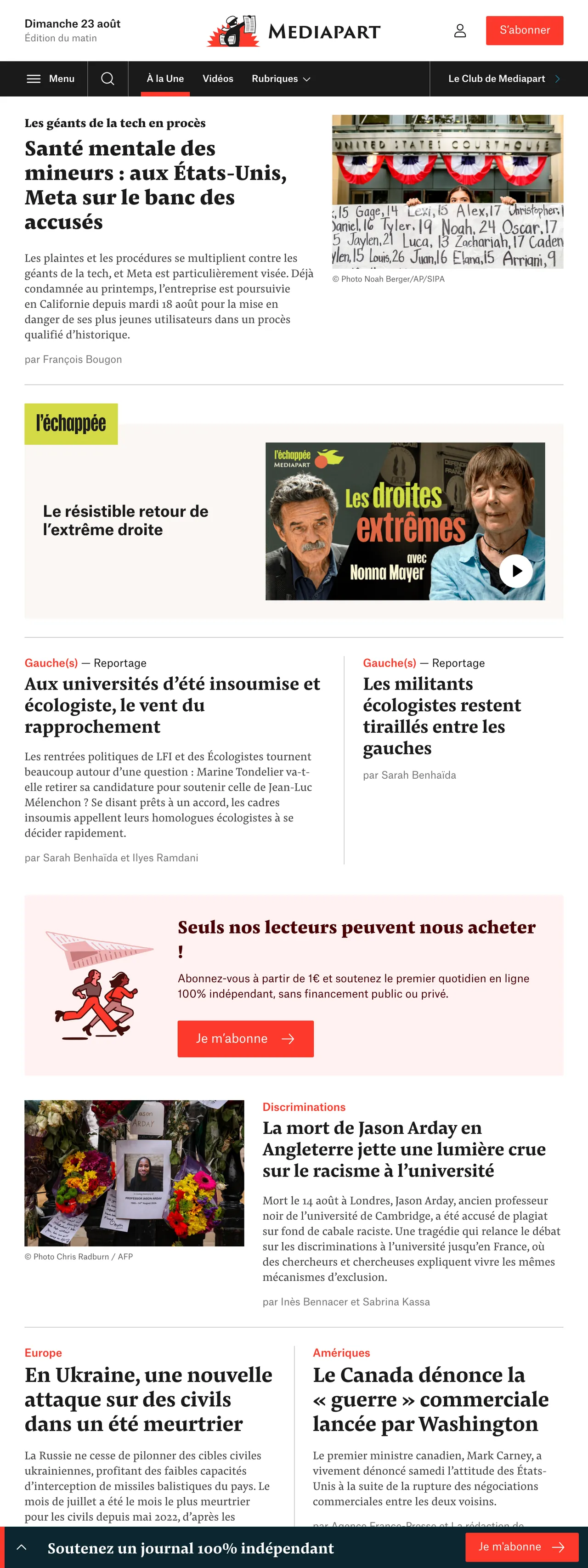 Screenshot of the Mediapart front page