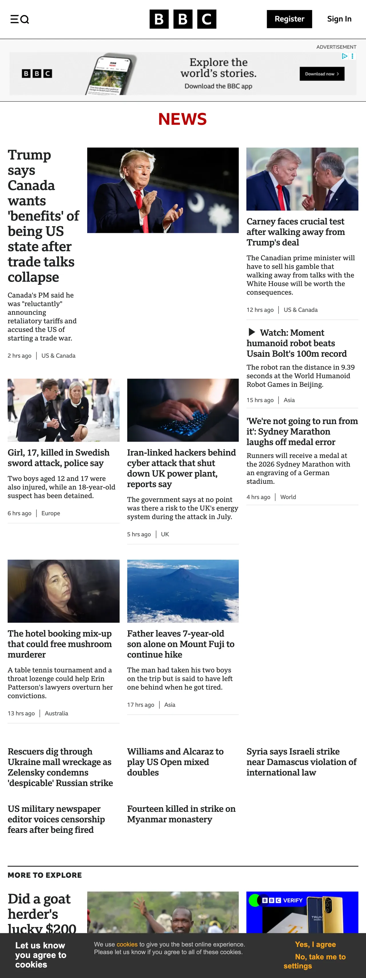 Screenshot of the BBC News front page
