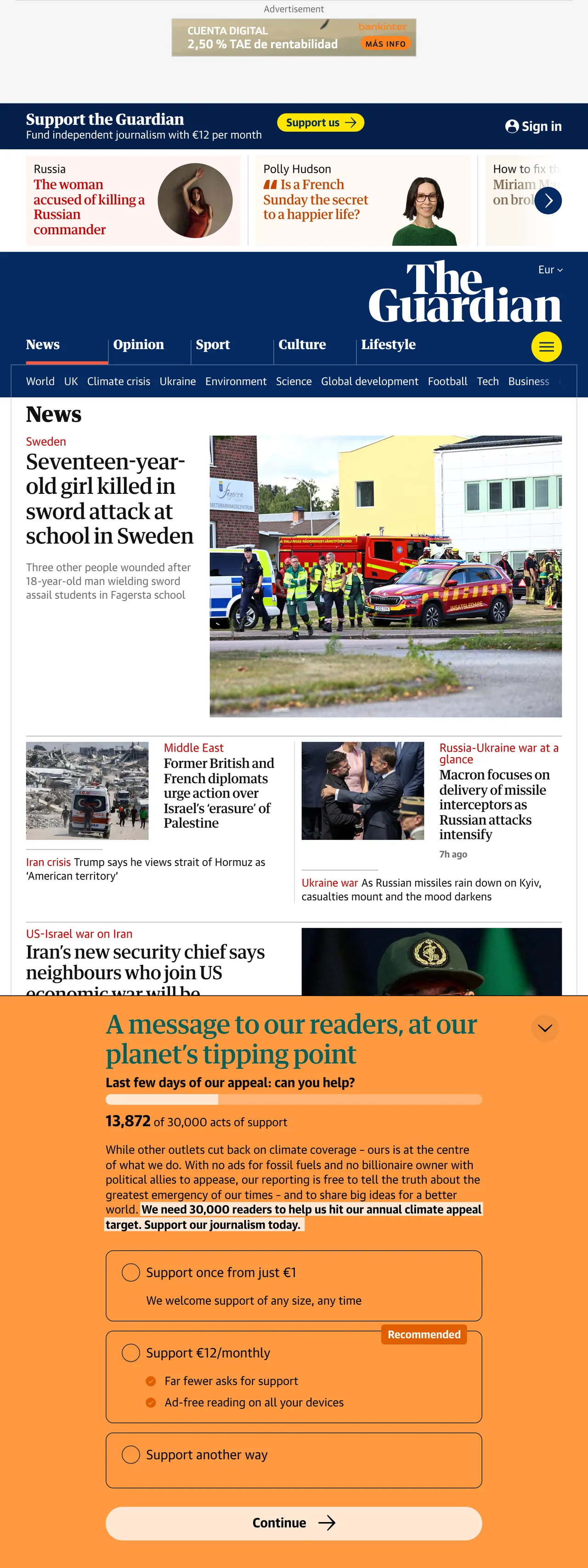 Screenshot of the The Guardian front page