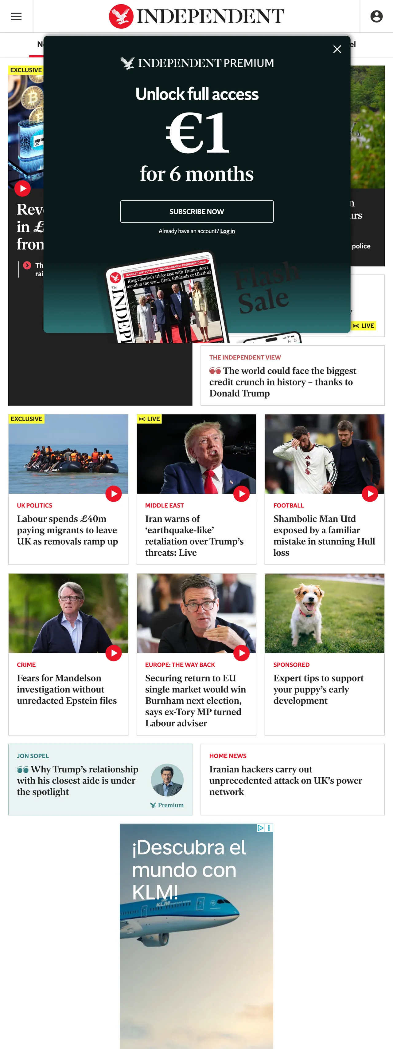 Screenshot of the The Independent front page