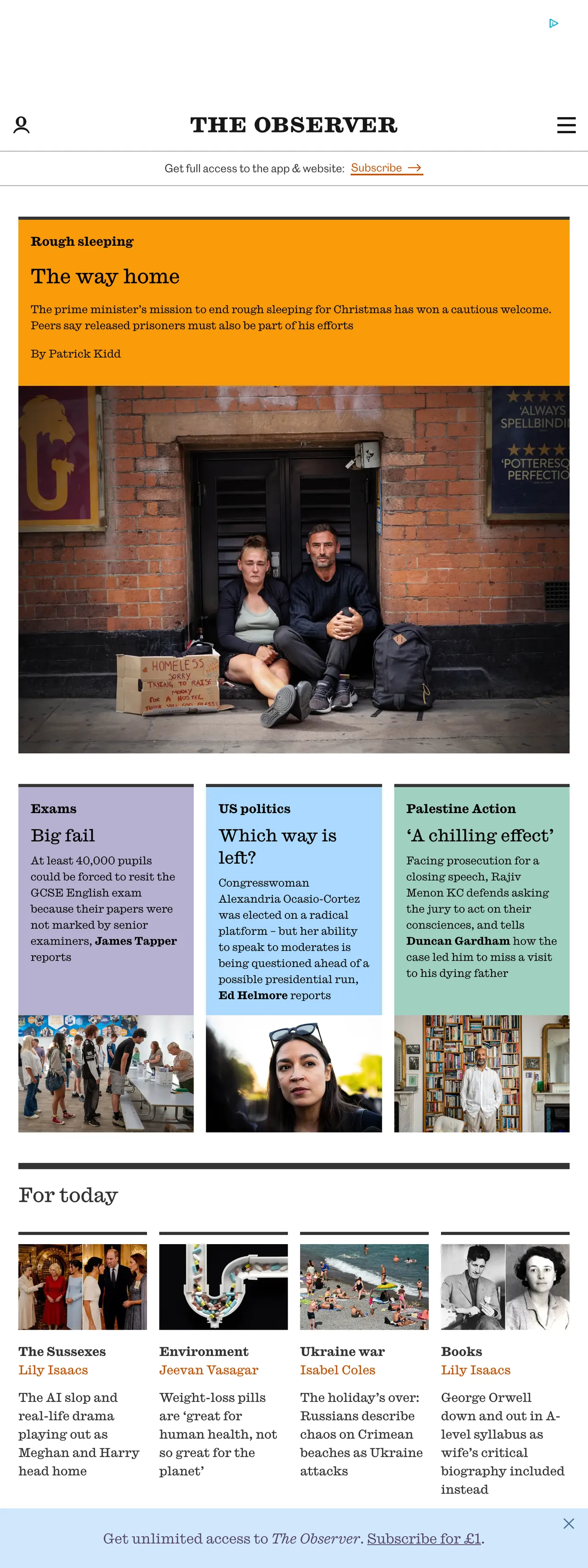 Screenshot of the The Observer front page