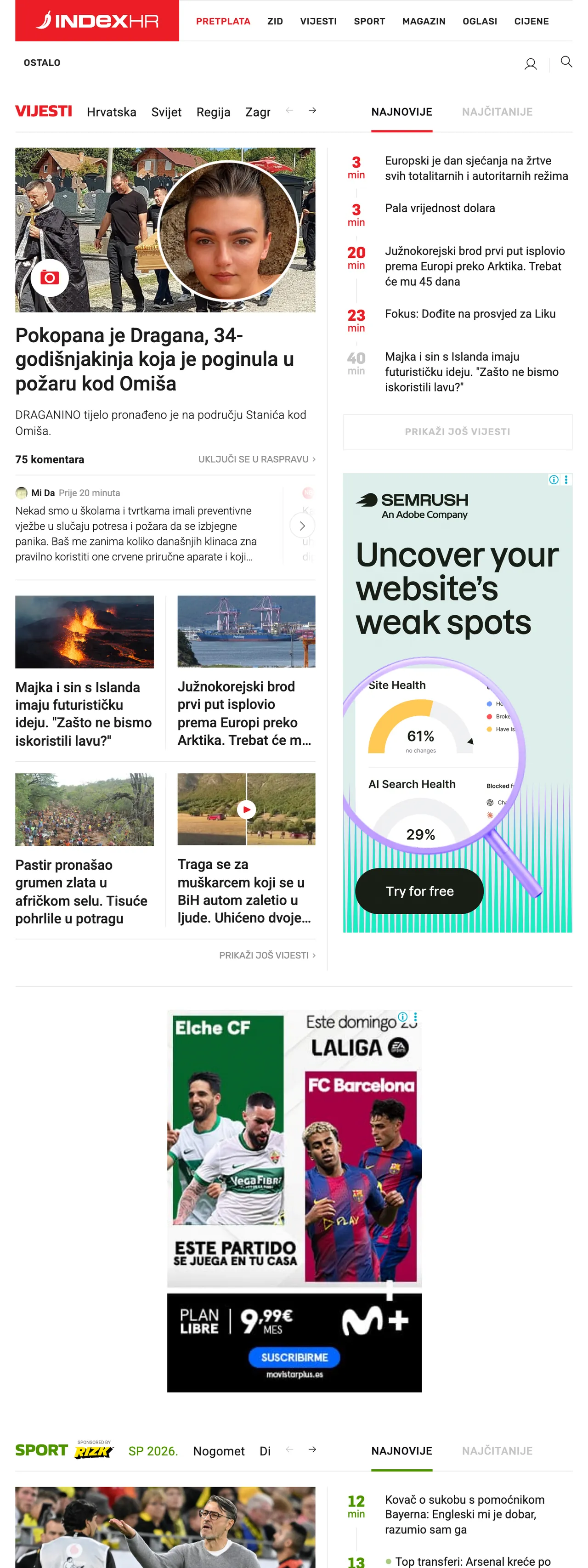 Screenshot of the Index.hr front page