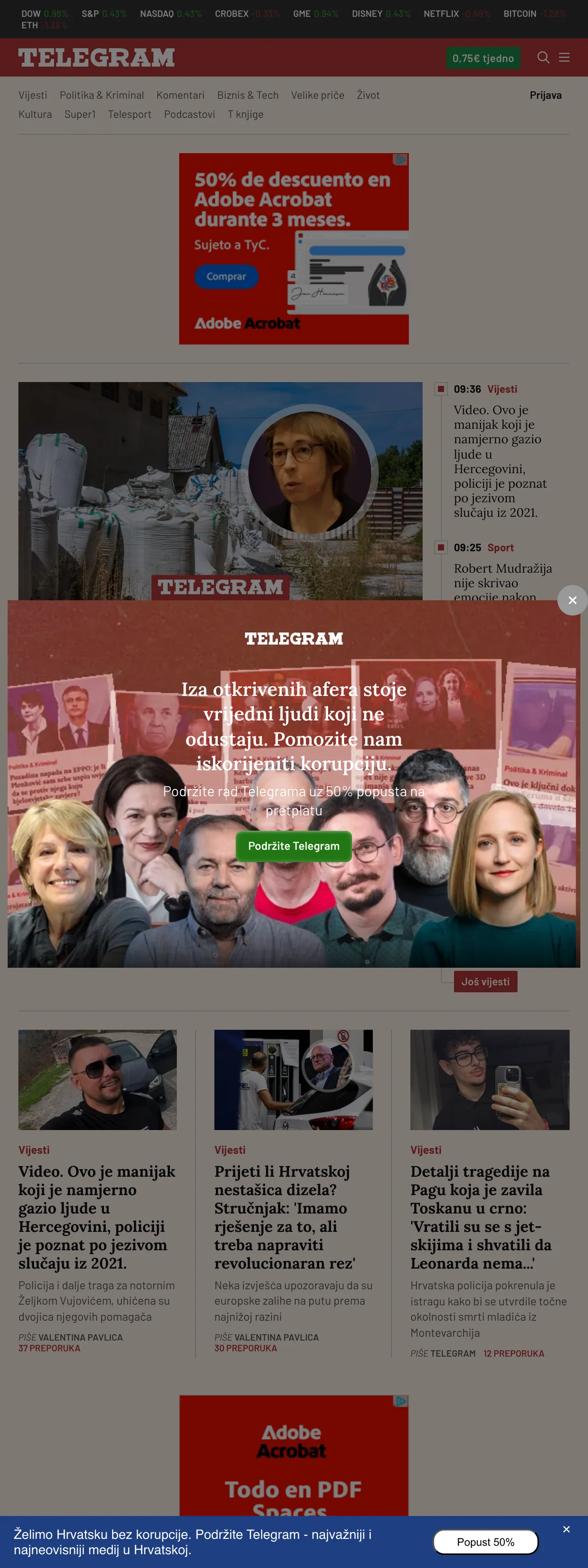 Screenshot of the Telegram.hr front page