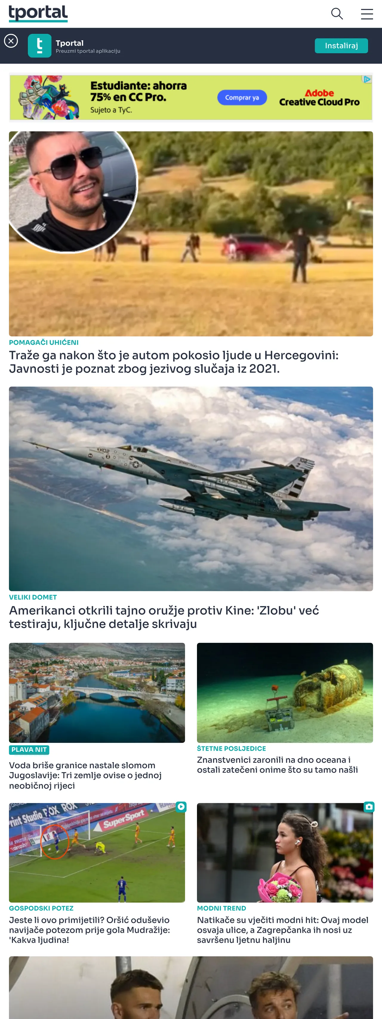 Screenshot of the tportal front page