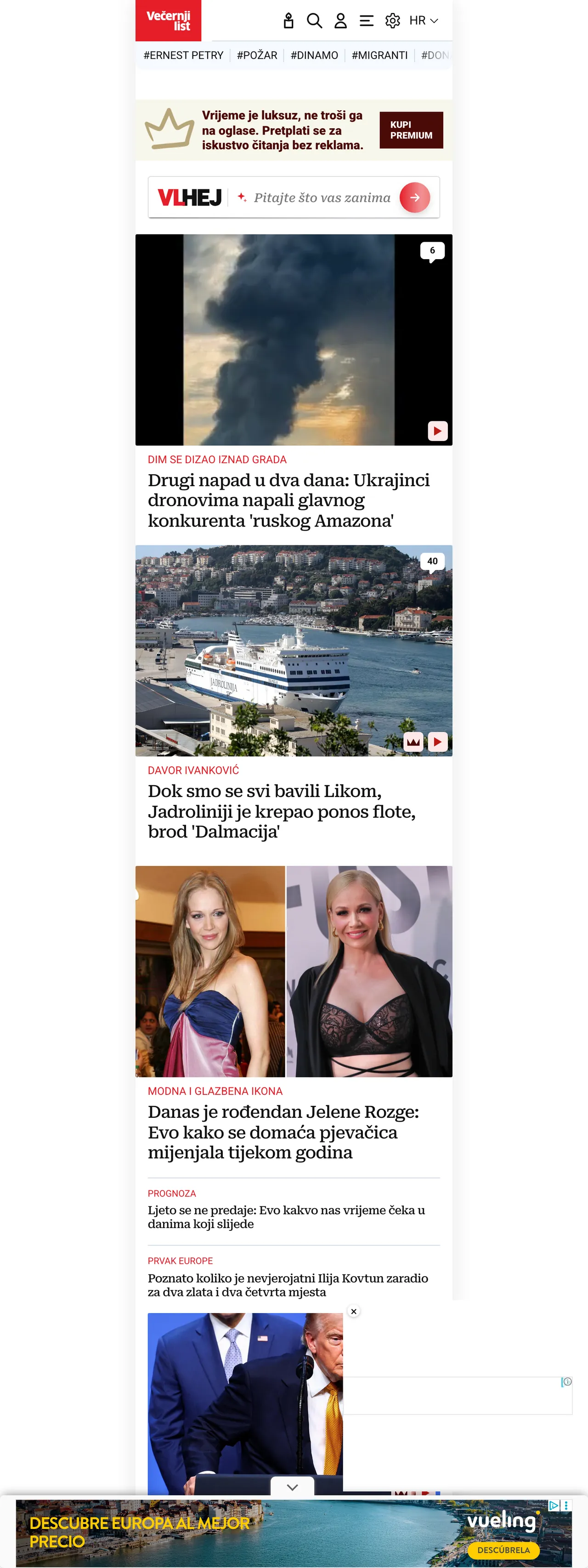 Screenshot of the Večernji list front page
