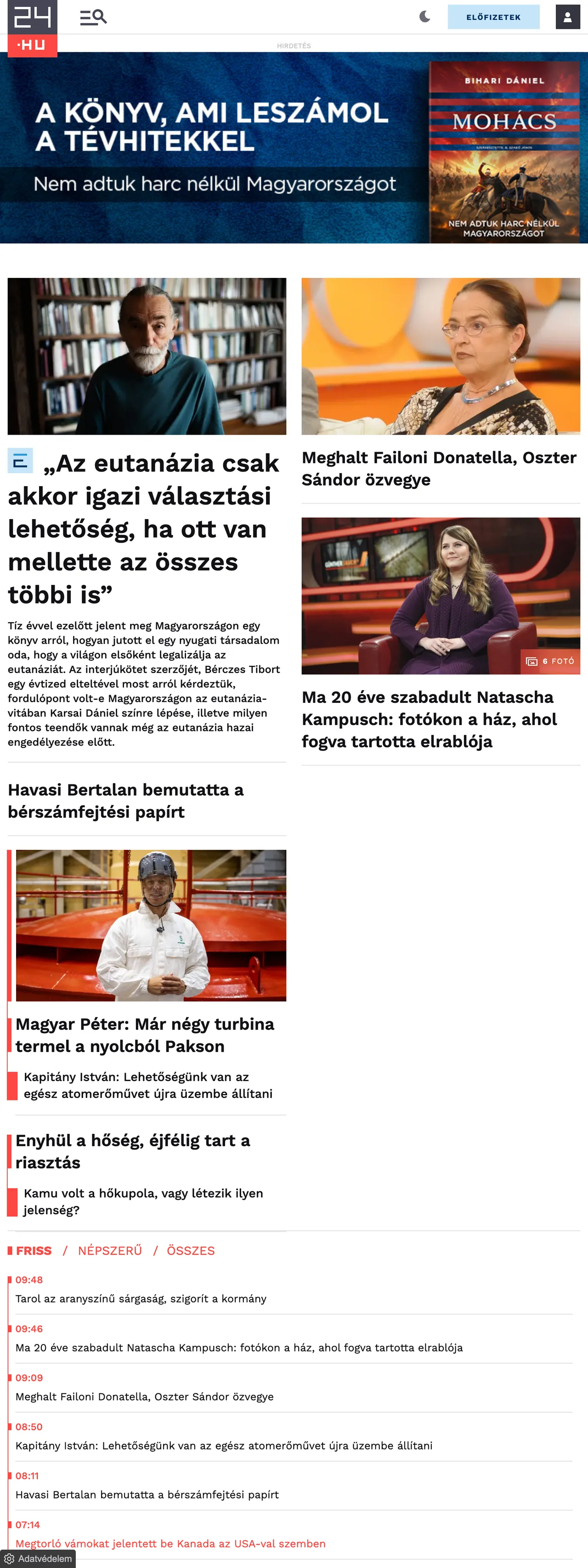 Screenshot of the 24.hu front page