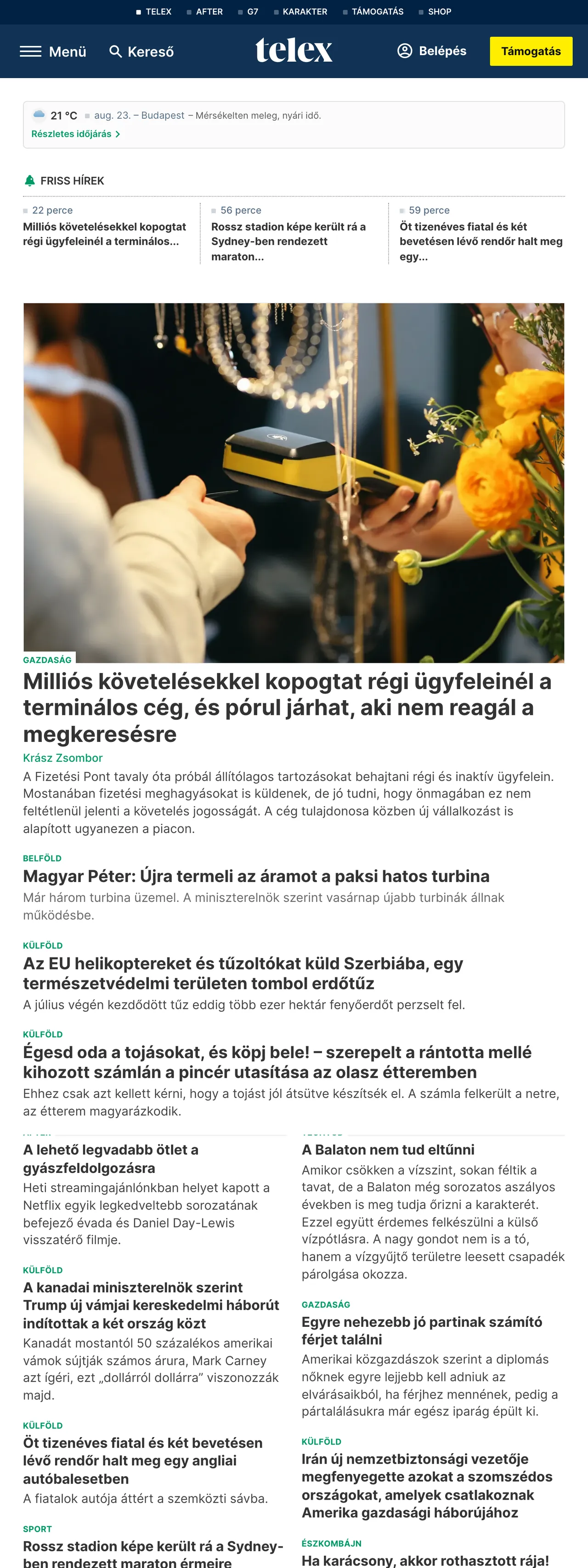 Screenshot of the Telex front page