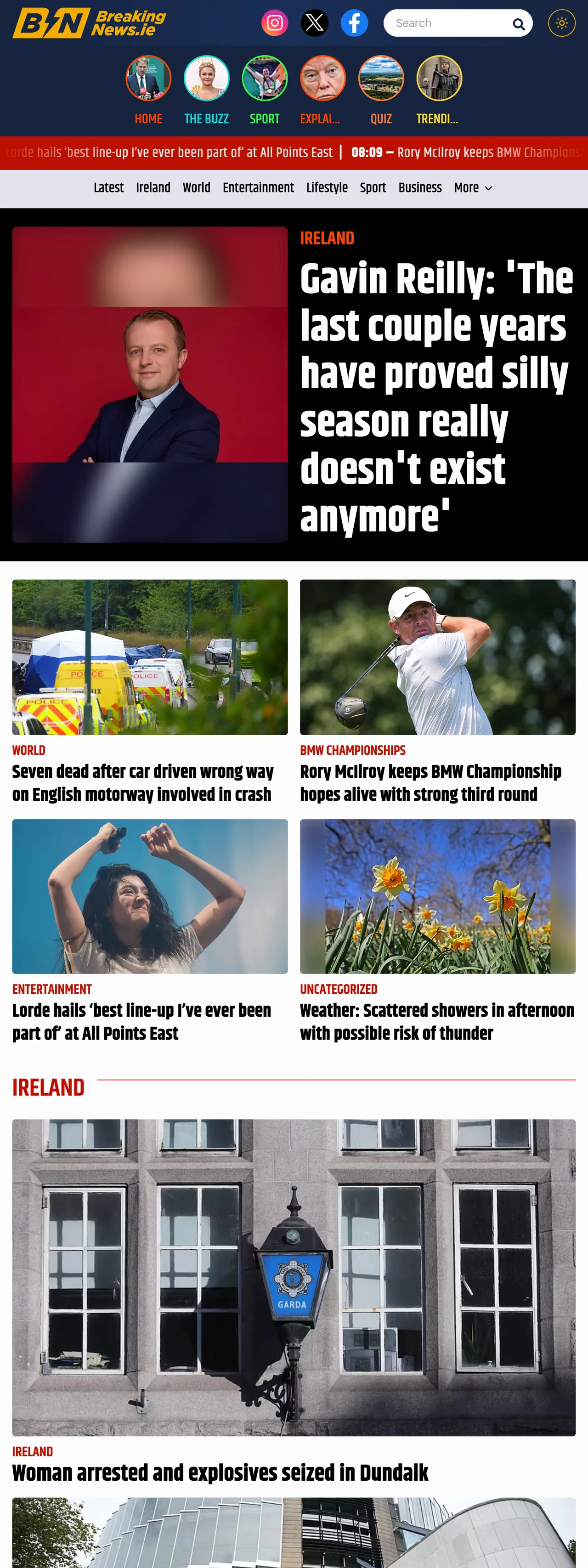 Screenshot of the BreakingNews.ie front page