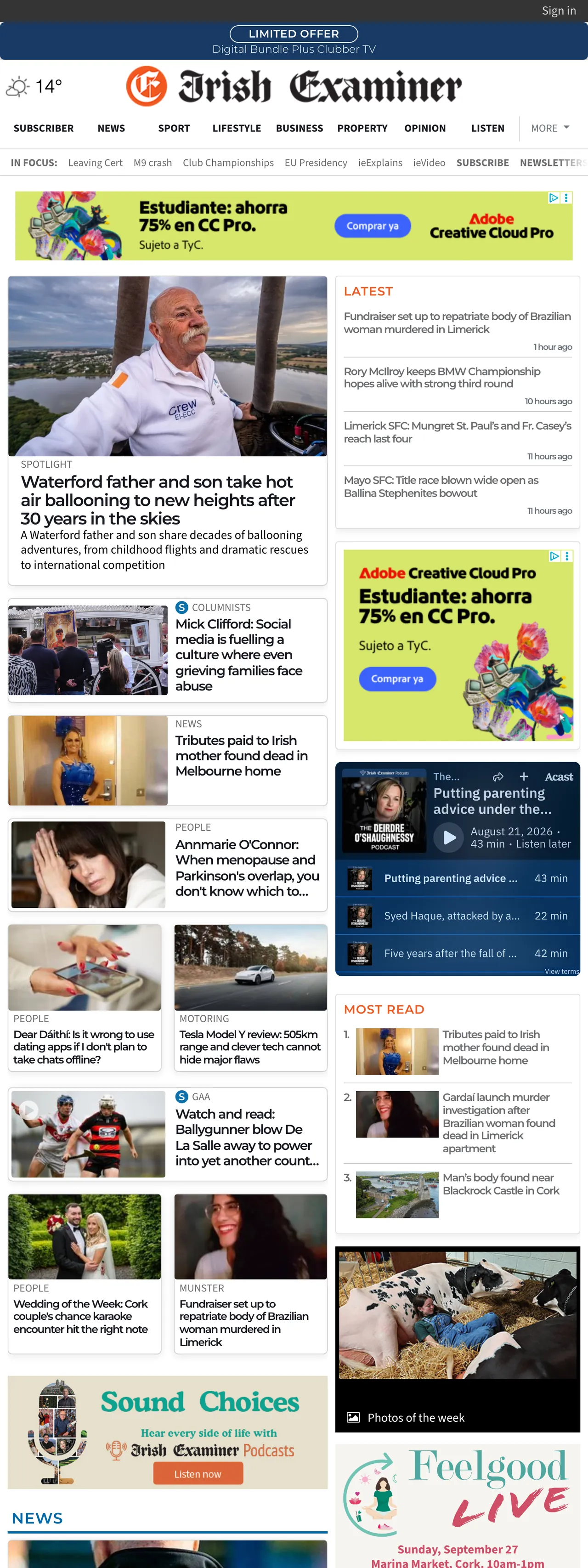 Screenshot of the Irish Examiner front page