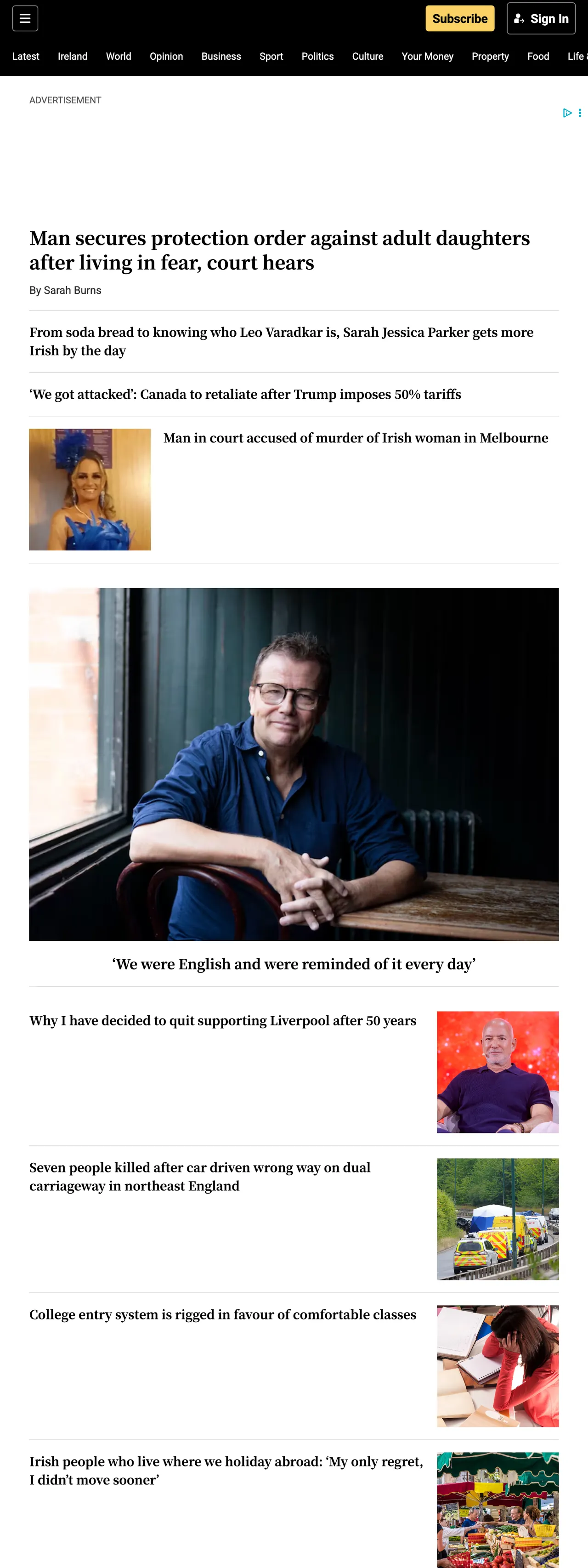 Screenshot of the The Irish Times front page