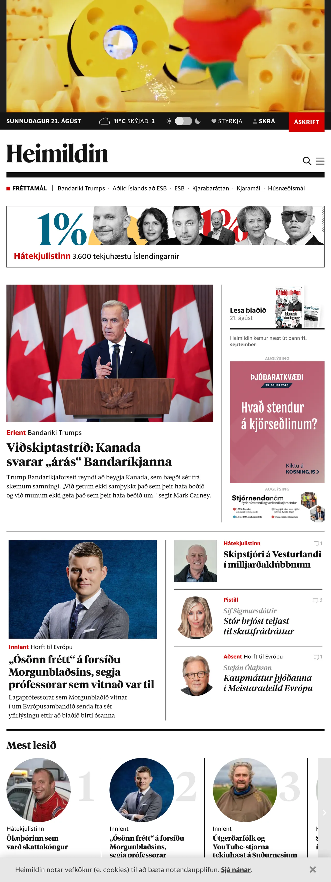 Screenshot of the Heimildin front page
