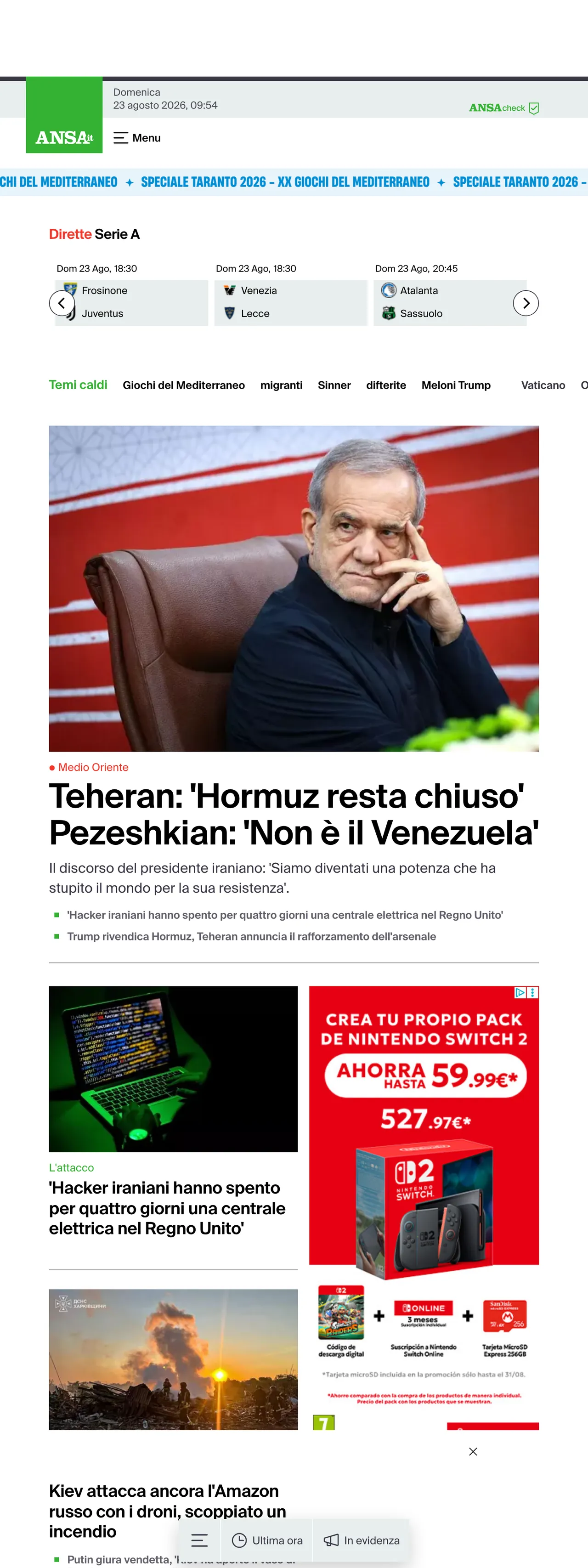 Screenshot of the ANSA front page