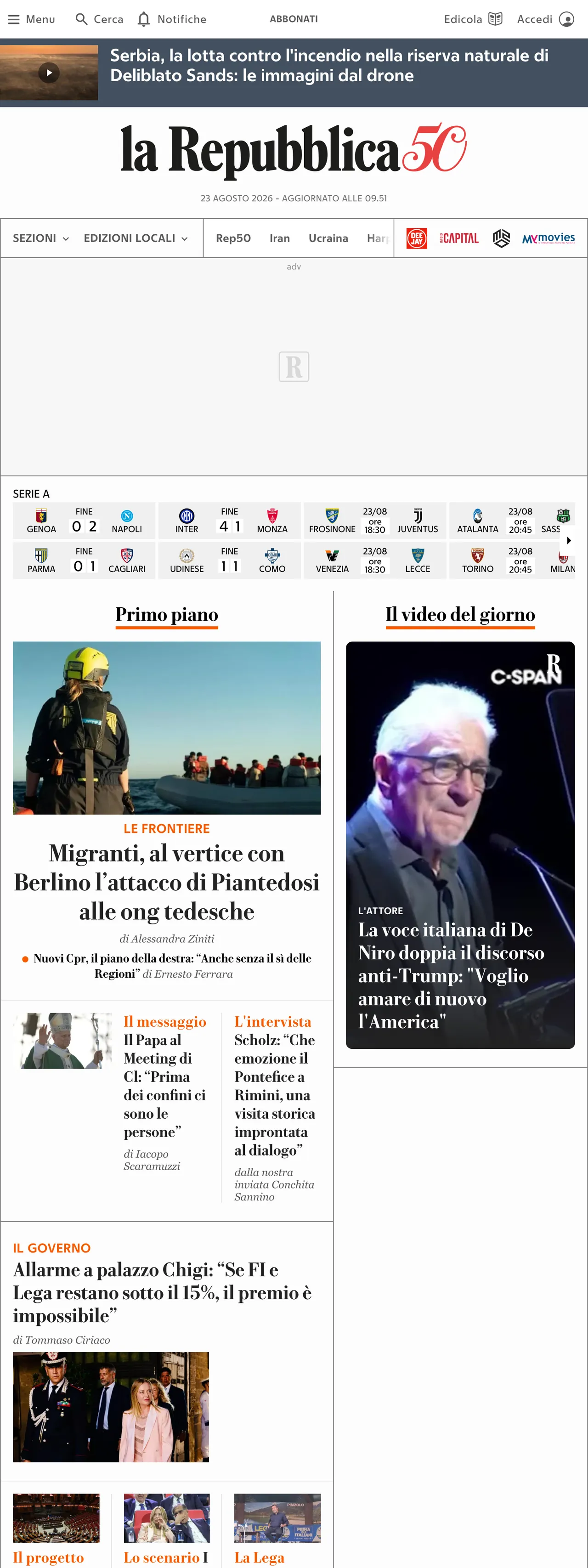 Screenshot of the la Repubblica front page