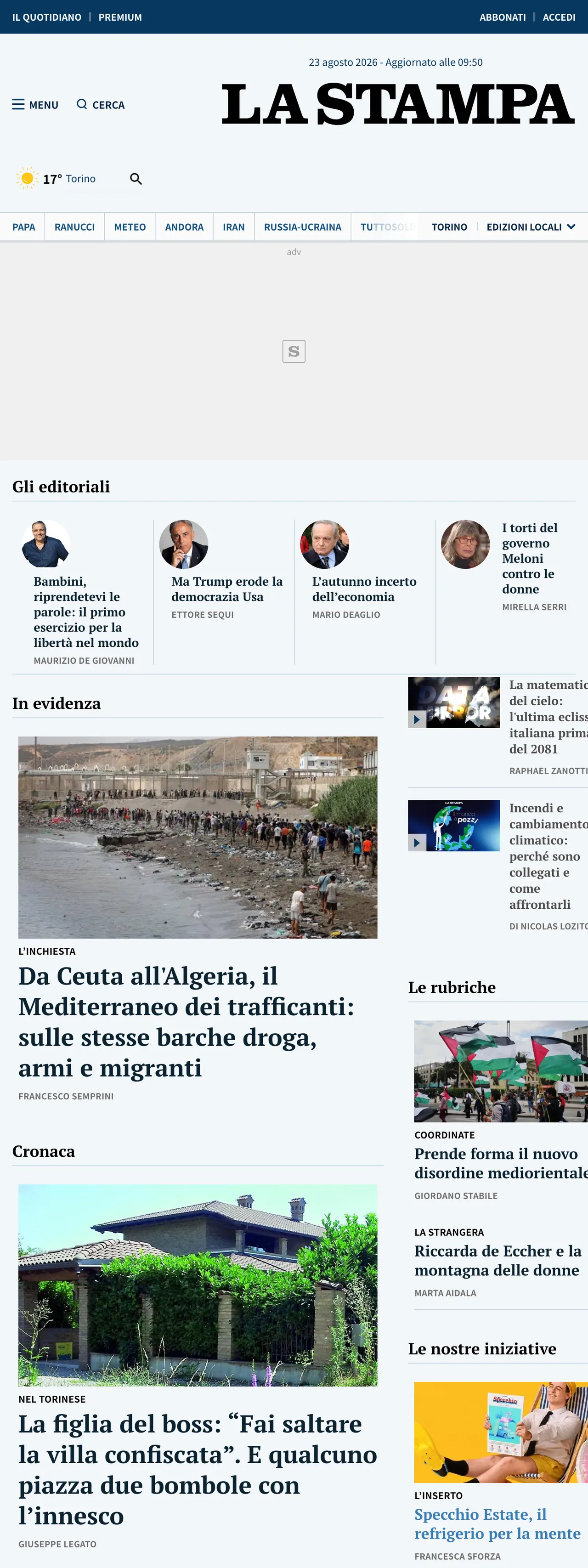 Screenshot of the La Stampa front page