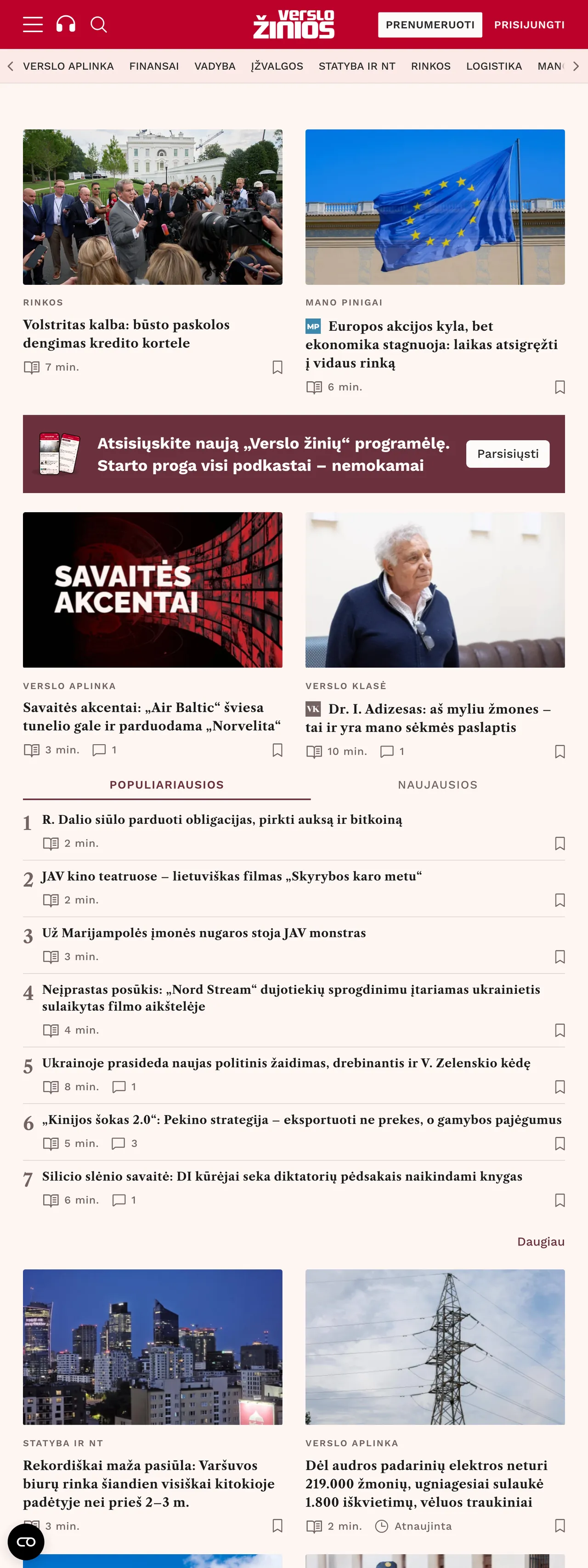 Screenshot of the Verslo žinios front page