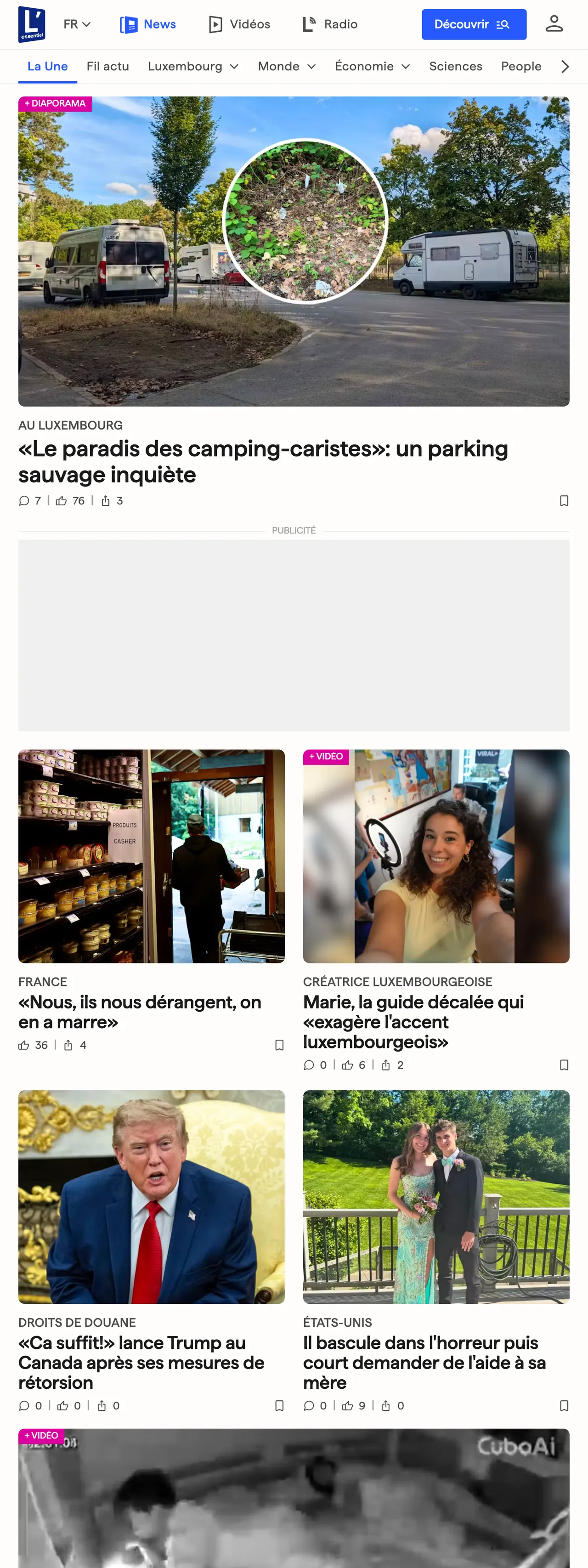 Screenshot of the L'essentiel front page
