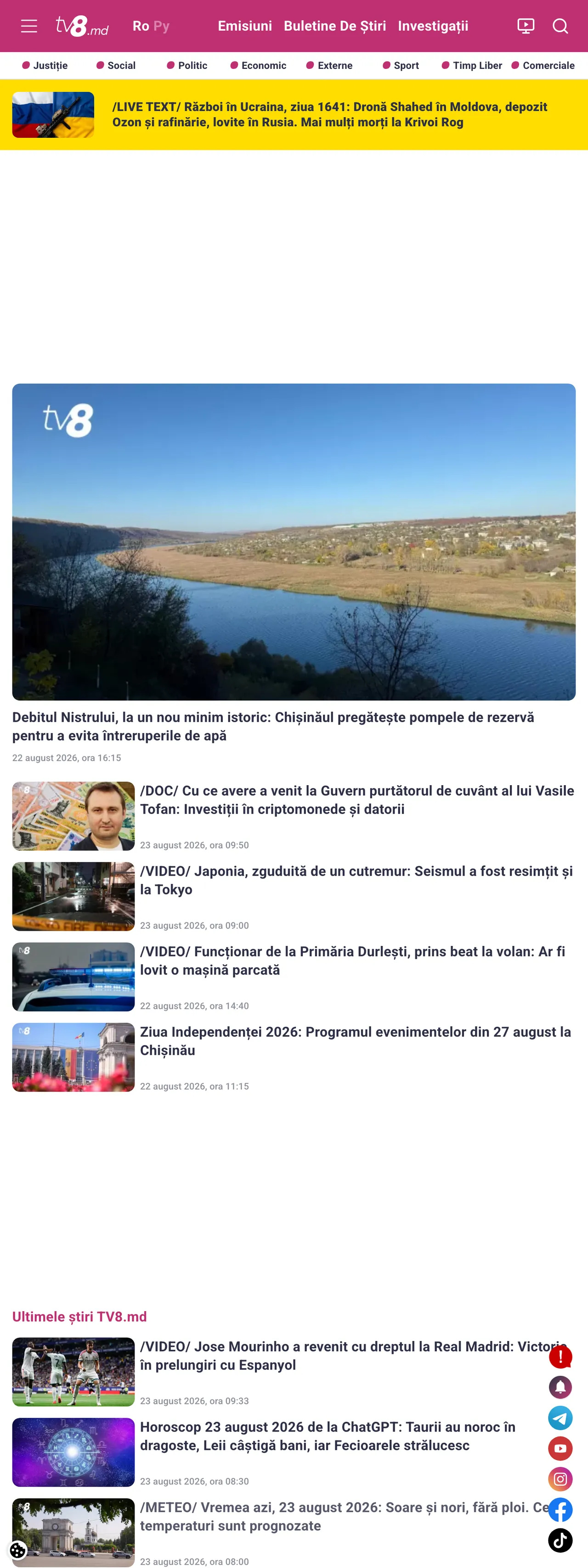 Screenshot of the TV8 front page