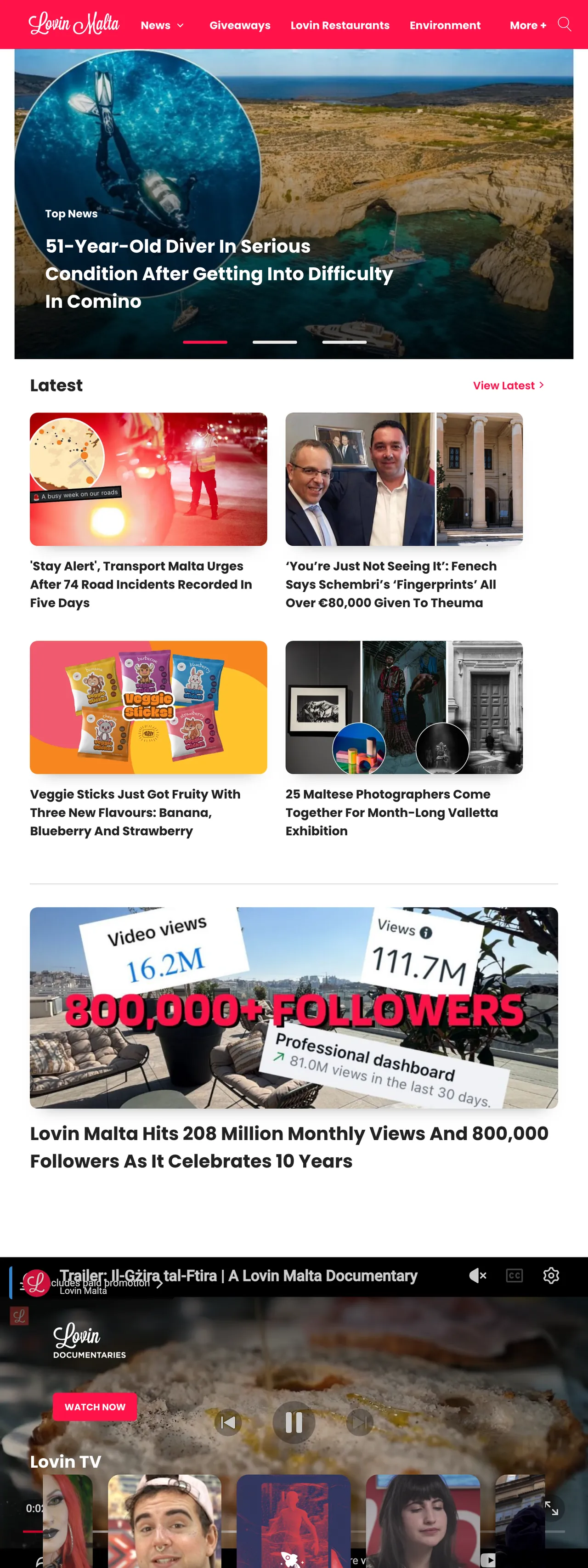 Screenshot of the Lovin Malta front page