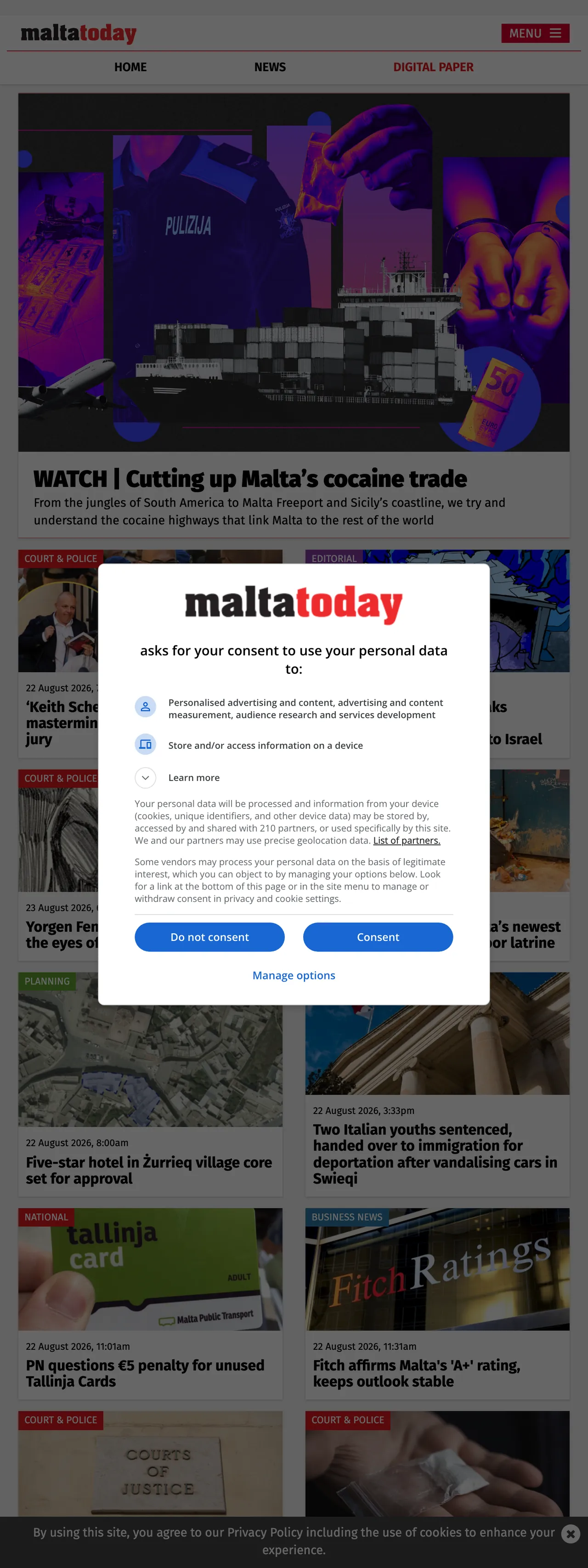 Screenshot of the Malta Today front page