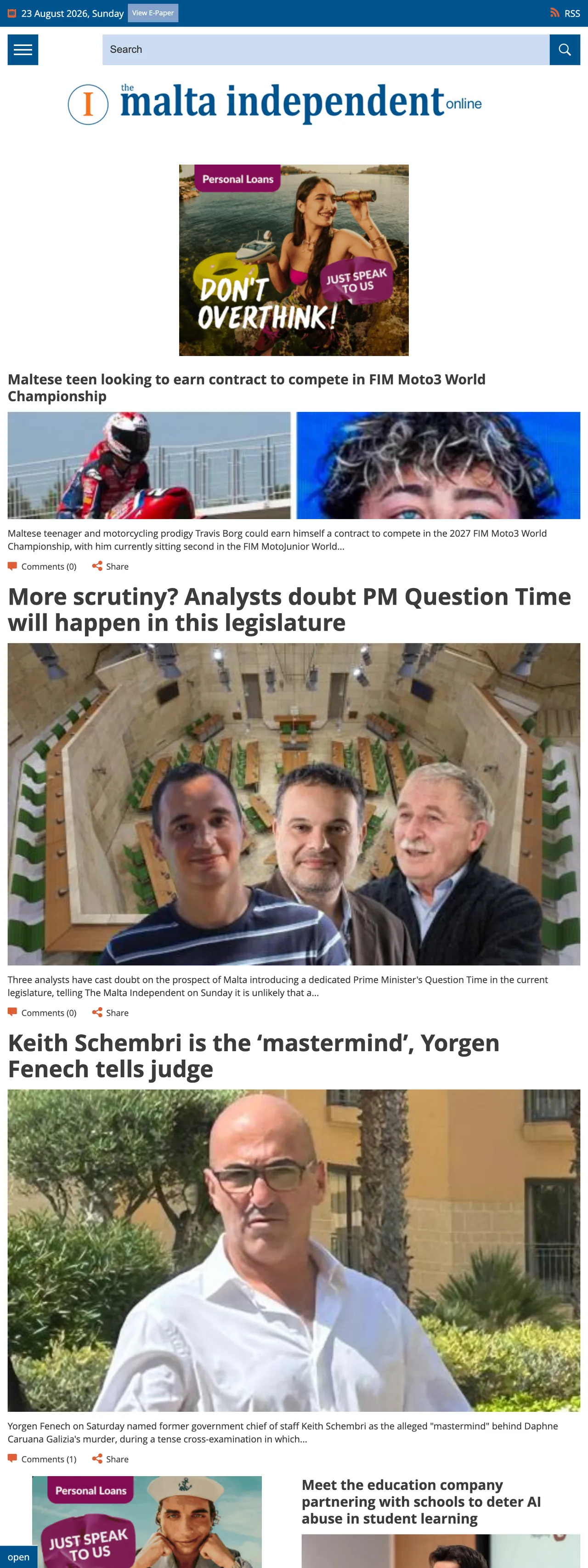 Screenshot of the The Malta Independent front page