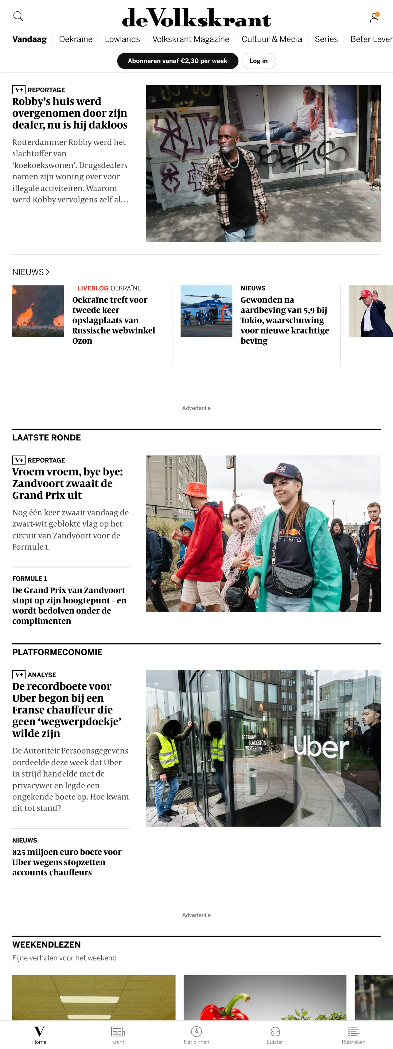 Screenshot of the de Volkskrant front page