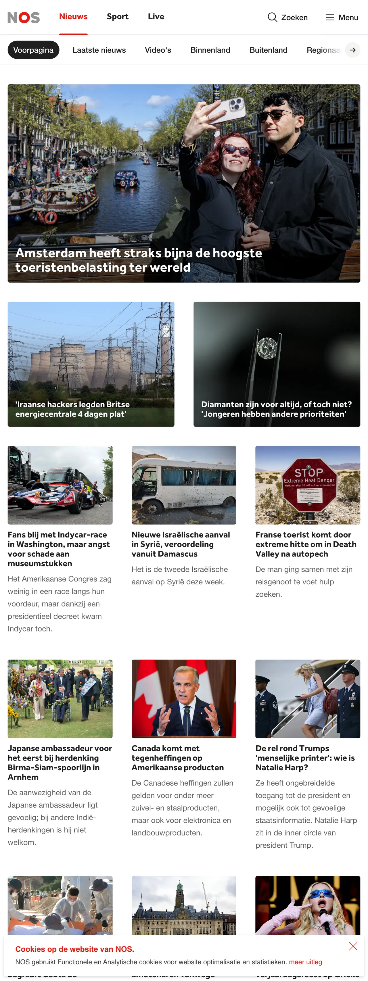 Screenshot of the NOS front page