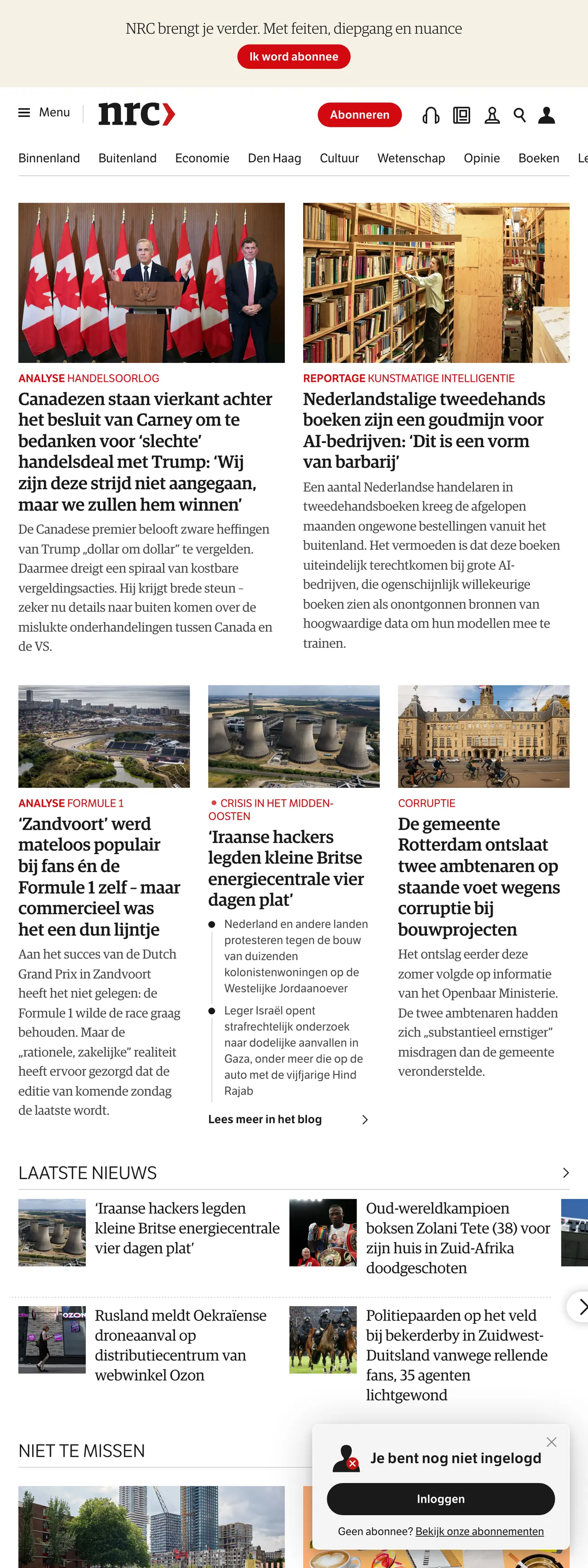 Screenshot of the NRC front page