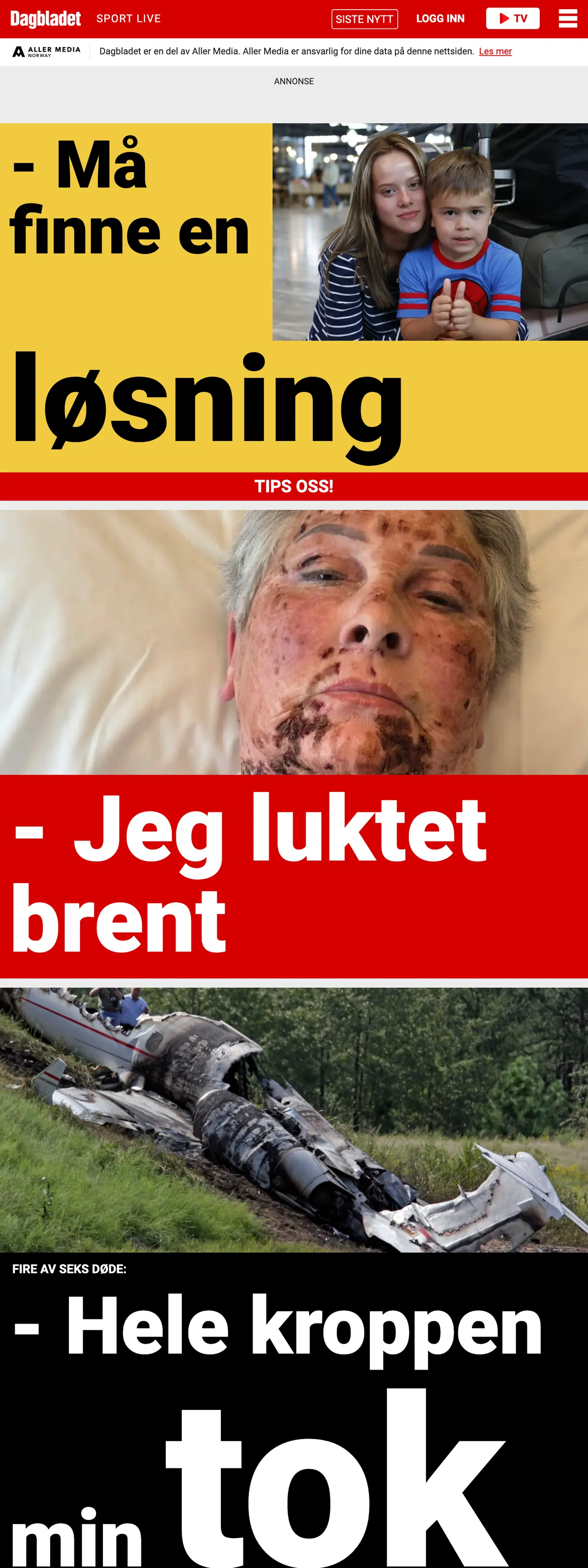 Screenshot of the Dagbladet front page